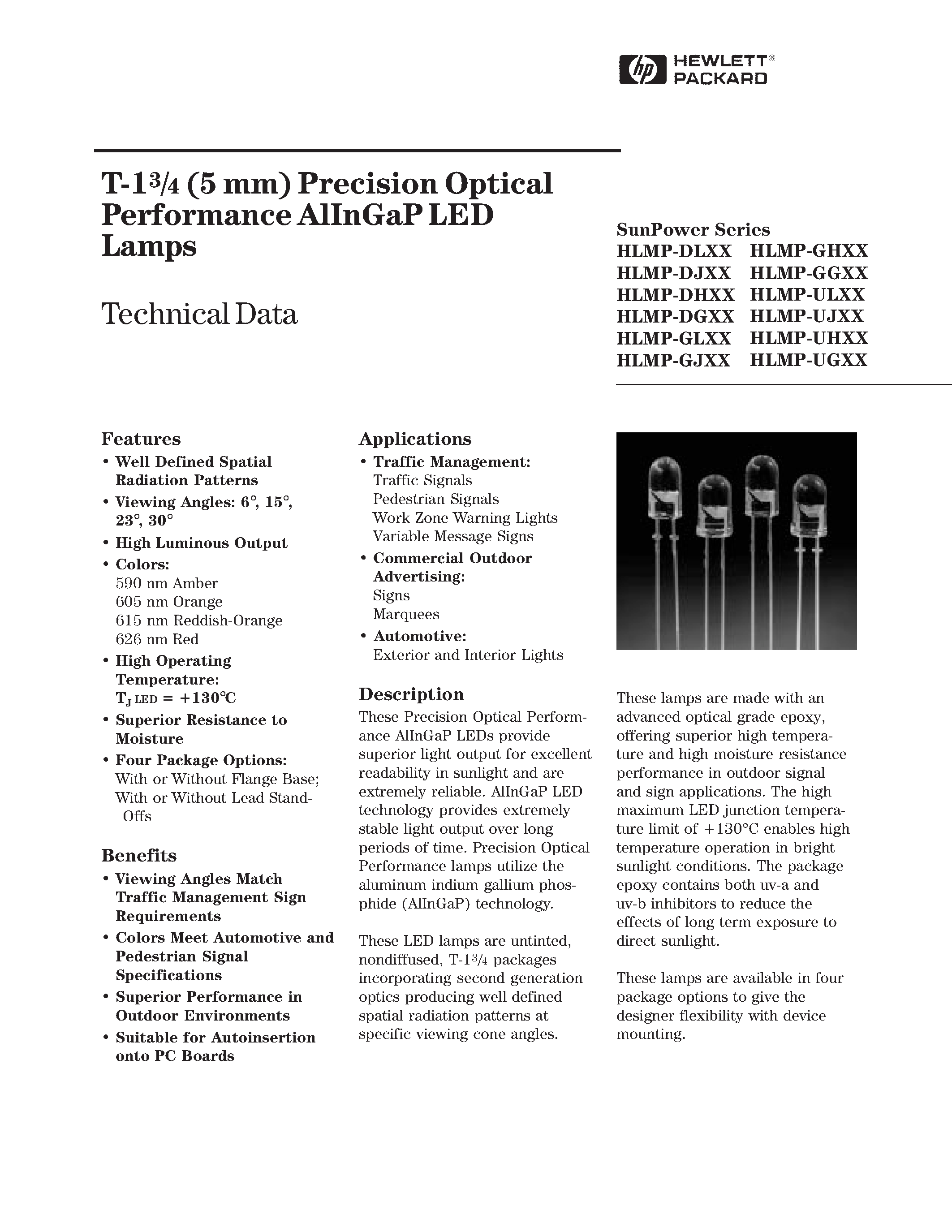 Даташит HLMP-DG08 - T-13/4 (5 mm) Precision Optical Performance AlInGaP LED Lamps страница 1