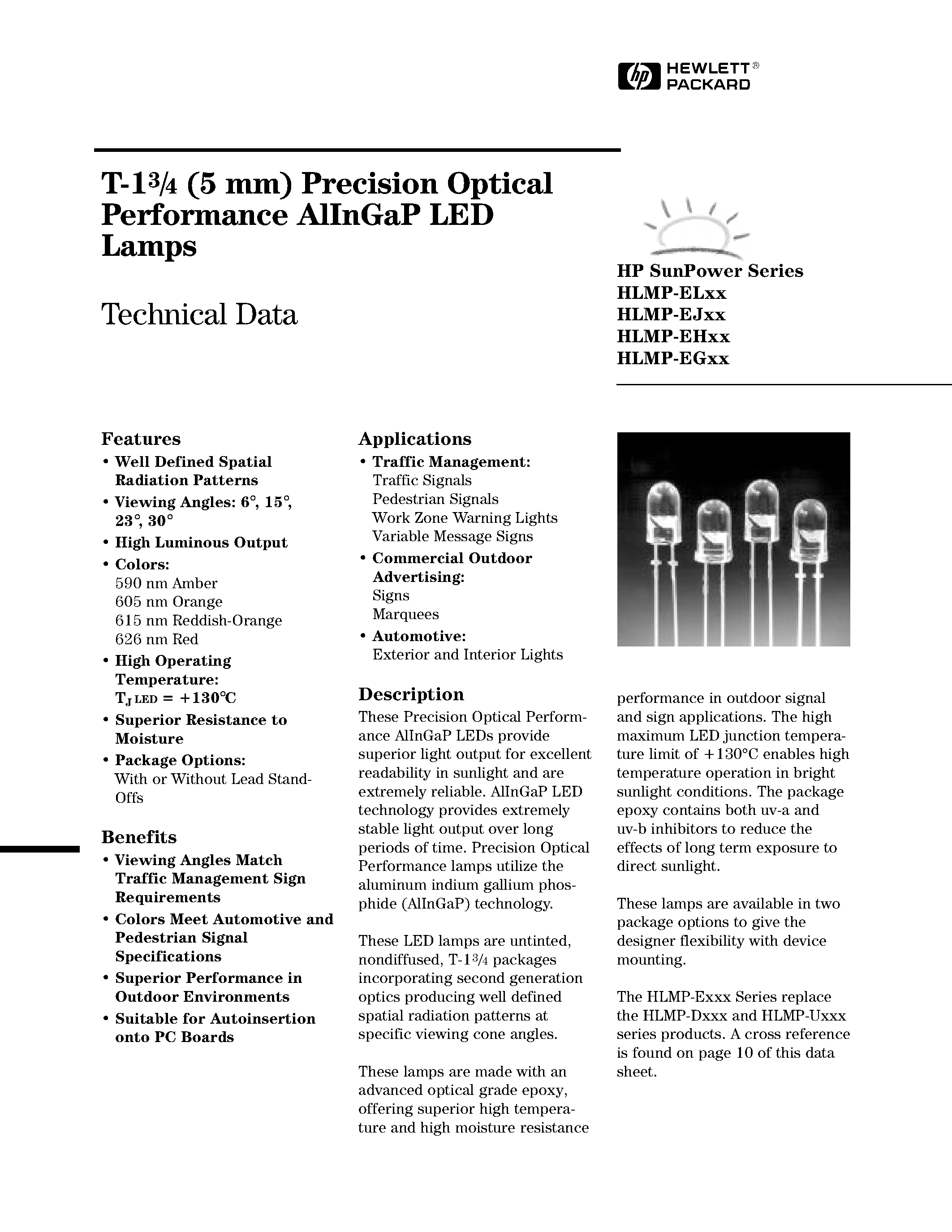 Даташит HLMP-EG08-UW000 - T-13/4 (5 mm) Precision Optical Performance AlInGaP LED Lamps страница 1