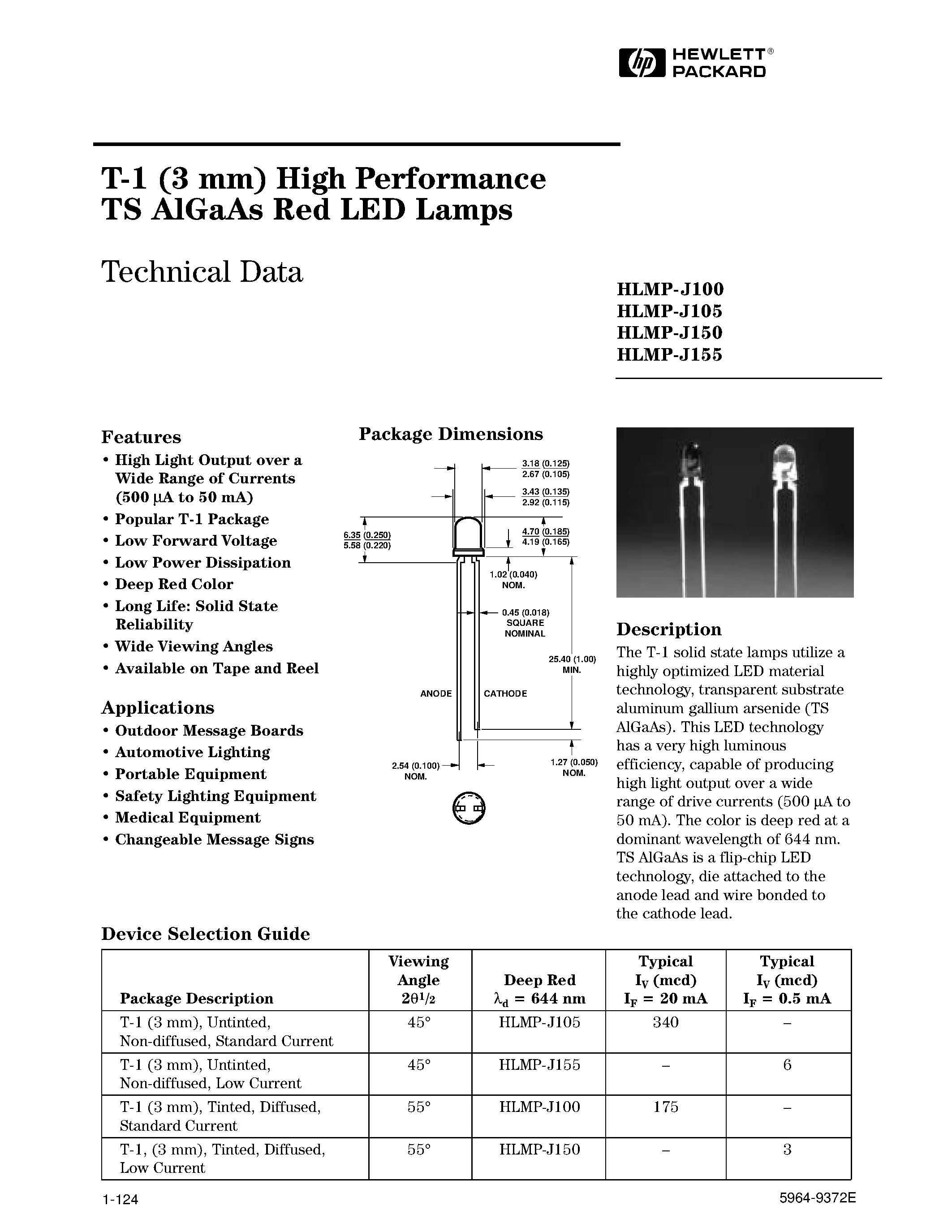 Даташит HLMP-J100 - T-13/4 (5 mm)/ T-1 (3 mm)/ High Performance/ Tinted/ Diffused/ AlInGaP/ and TS AlGaAs Red LED Lamps страница 1