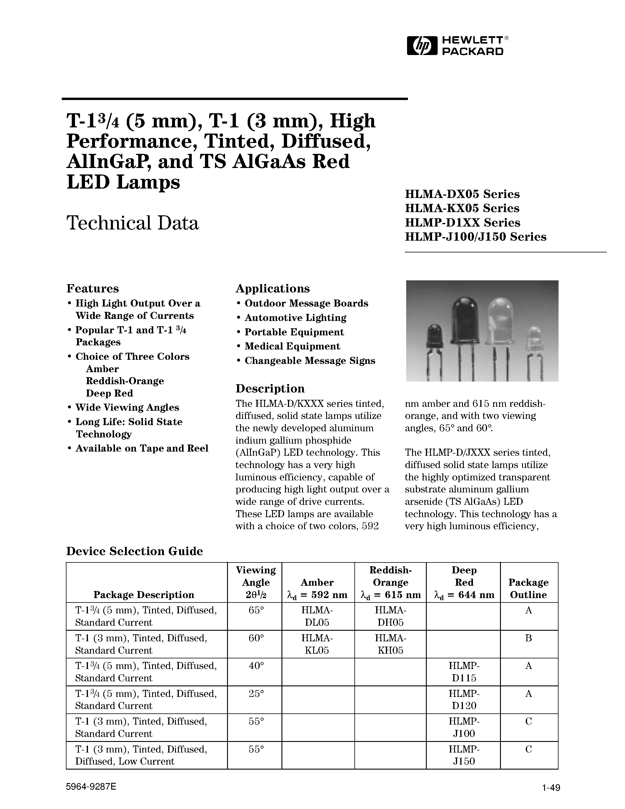 Даташит HLMP-J150 - T-1 (3 mm) High Performance TS AlGaAs Red LED Lamps страница 1