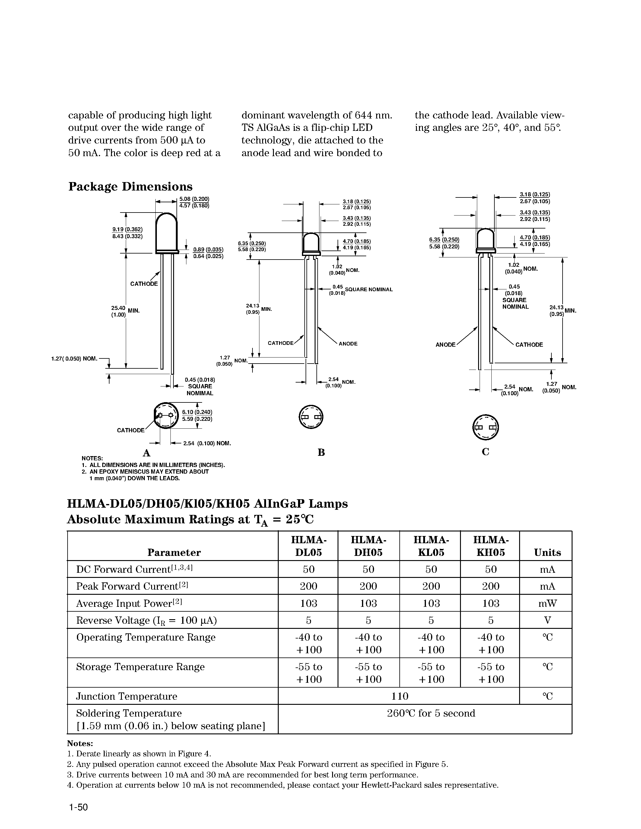 Даташит HLMP-J150 - T-1 (3 mm) High Performance TS AlGaAs Red LED Lamps страница 2