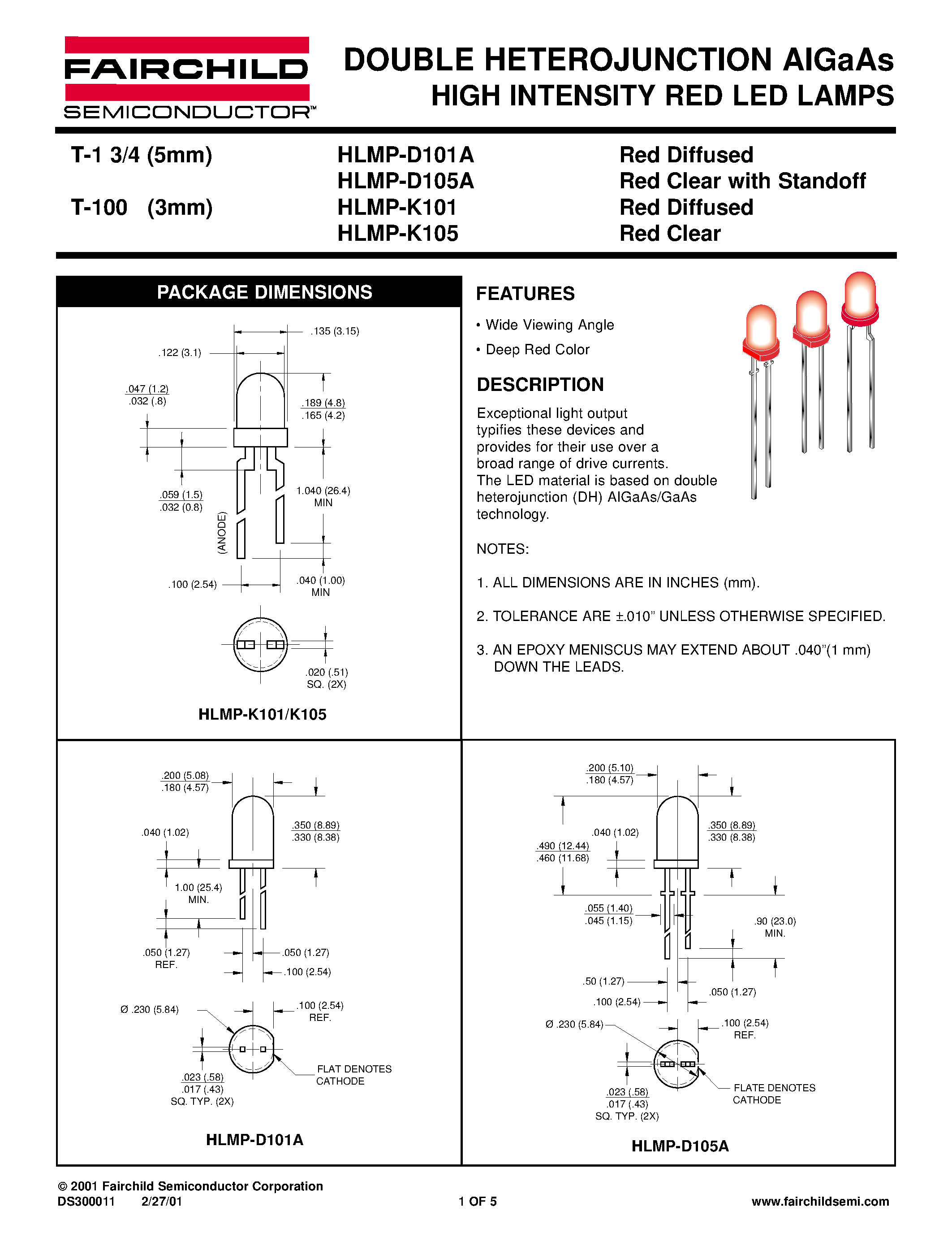 Даташит HLMP-K101 - DOUBLE HETEROJUNCTION AIGaAs HIGH INTENSITY RED LED LAMPS страница 1