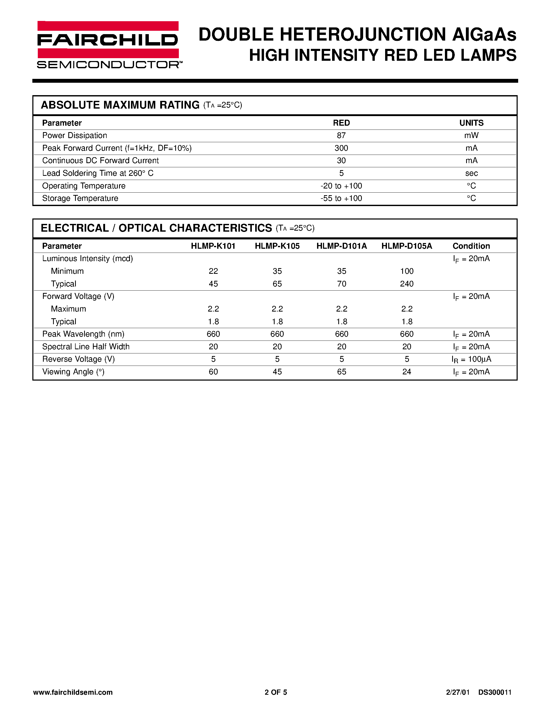 Даташит HLMP-K101 - DOUBLE HETEROJUNCTION AIGaAs HIGH INTENSITY RED LED LAMPS страница 2