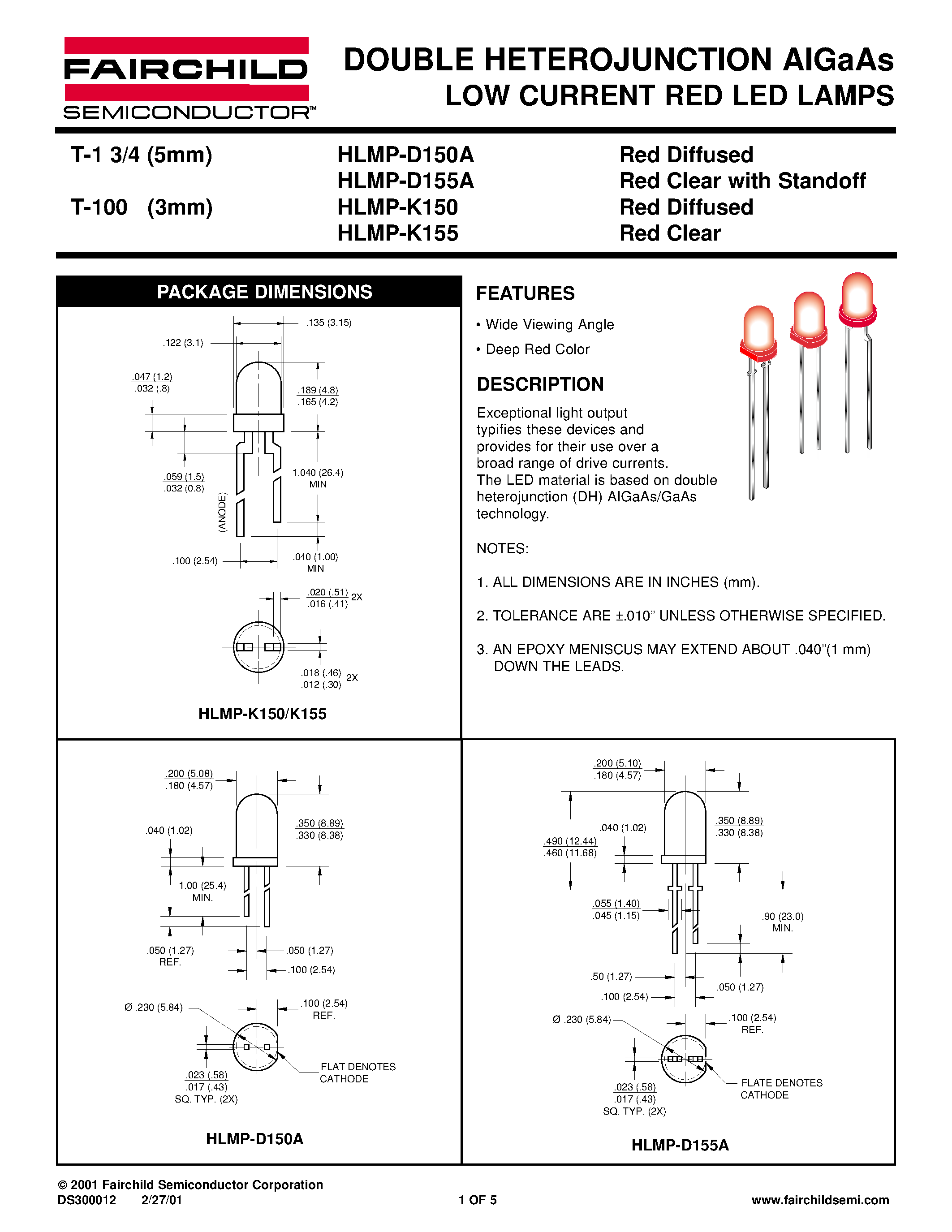 Даташит HLMP-K150 - DOUBLE HETEROJUNCTION AIGaAs LOW CURRENT RED LED LAMPS страница 1