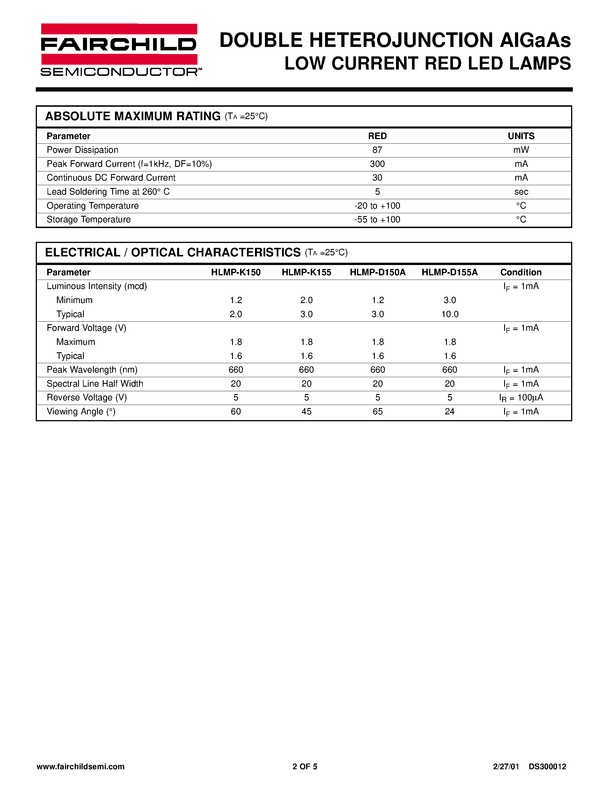 Даташит HLMP-K150 - DOUBLE HETEROJUNCTION AIGaAs LOW CURRENT RED LED LAMPS страница 2