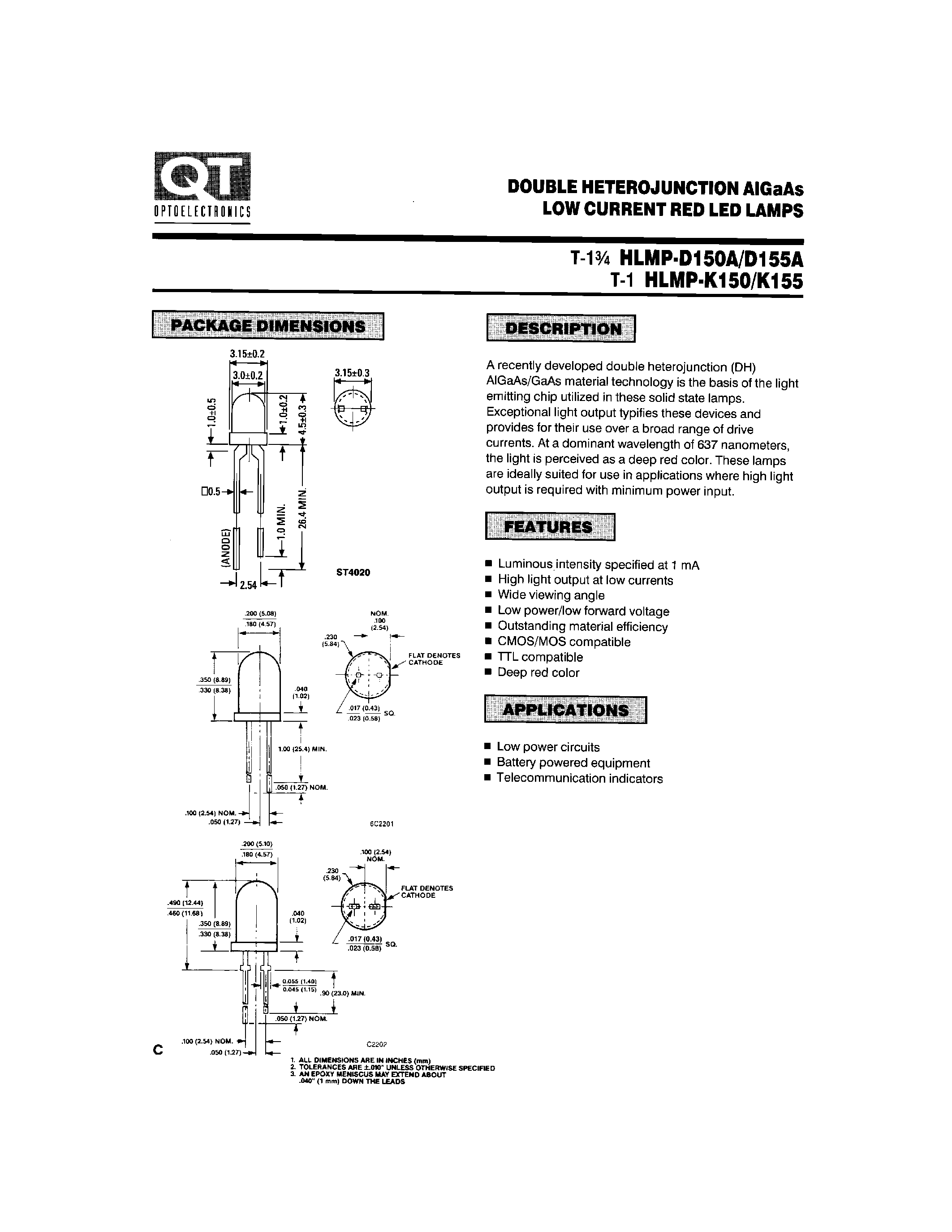 Даташит HLMP-K150 - DOUBLE HETEROJUNCTION AIGAAS LOW CURRENT RED LED LAMPS страница 1