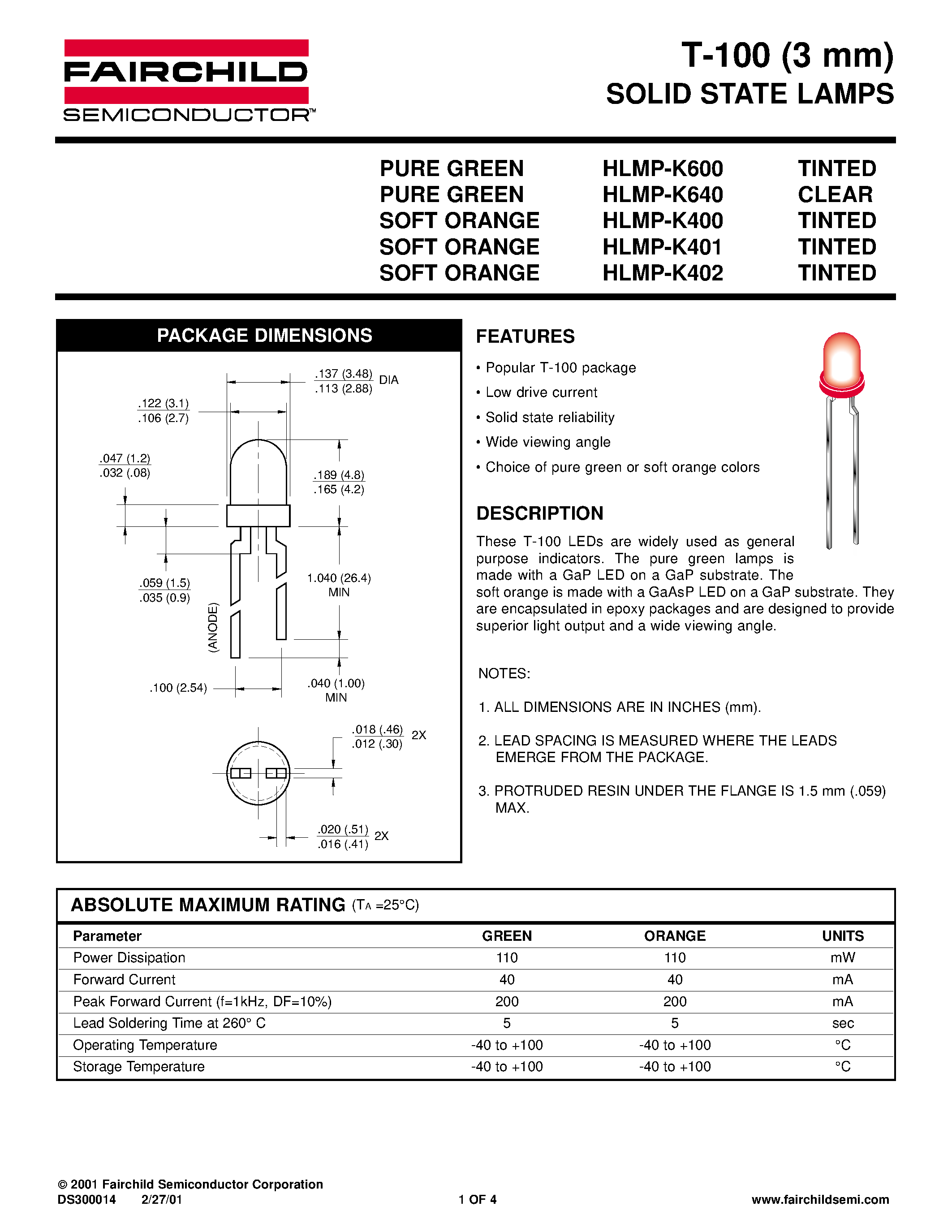 Даташит HLMP-K400 - T-100 3 mm SOLID STATE LAMPS страница 1