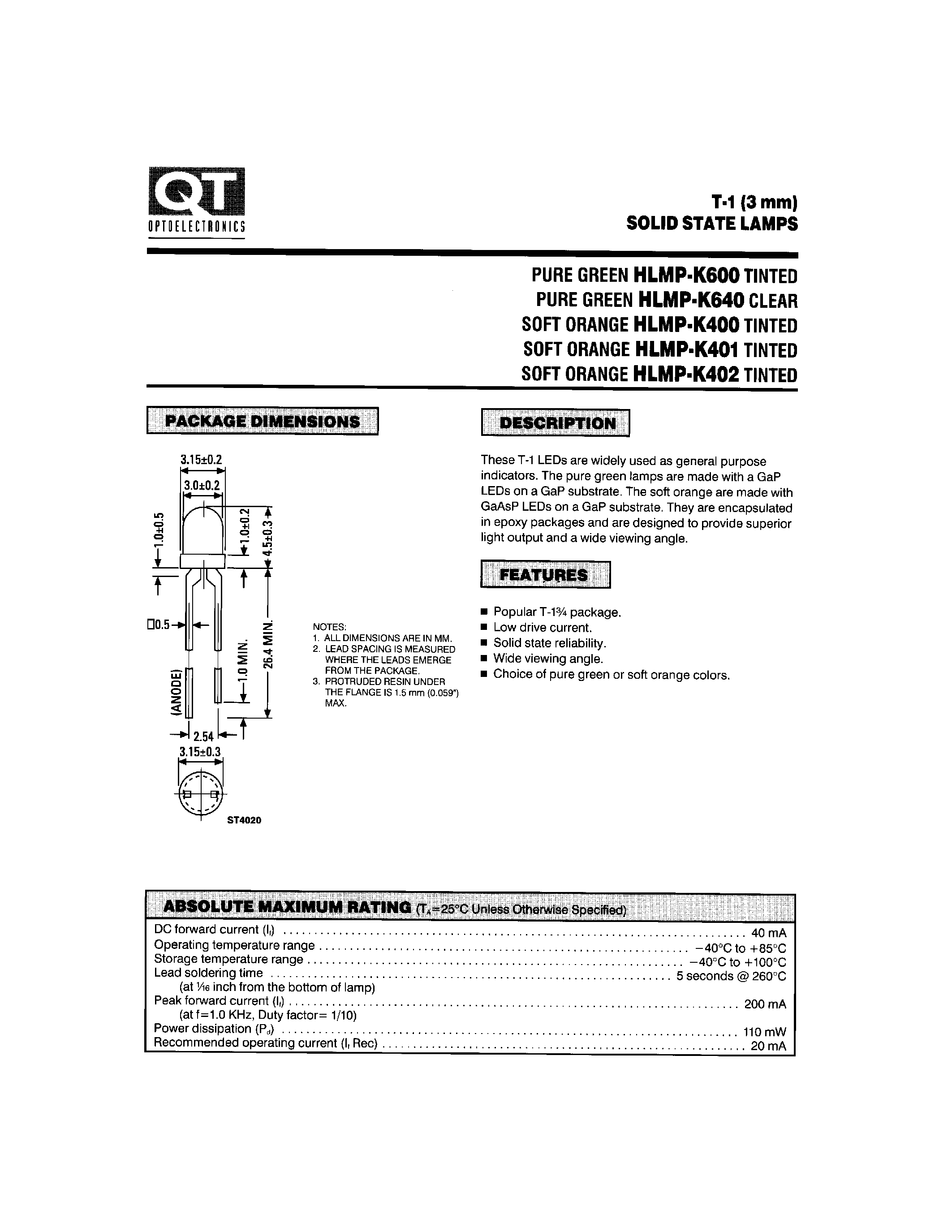 Даташит HLMP-K401 - T-1 (3mm) SOLID STATE LAMPS страница 1