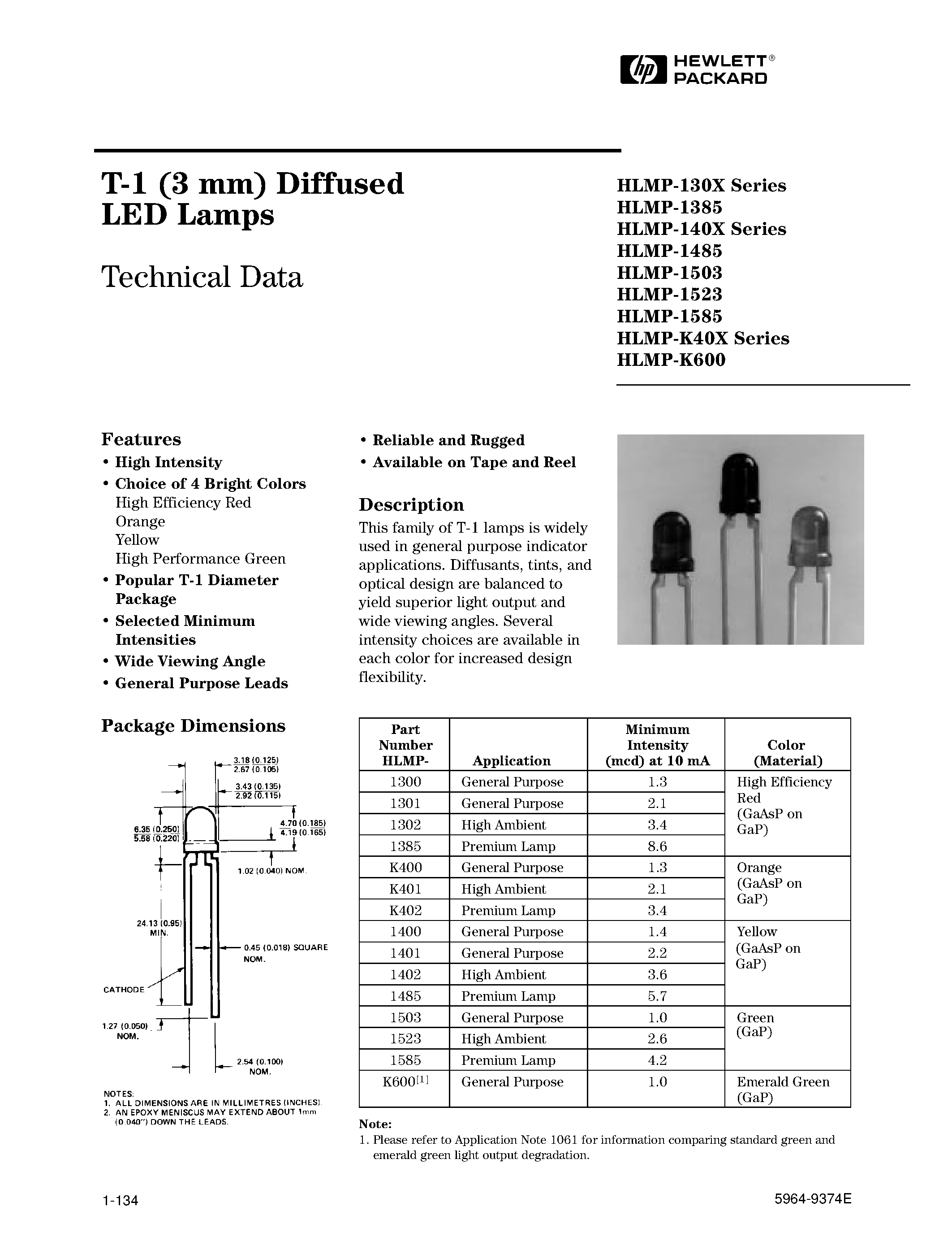 Даташит HLMP-K401 - T-1 (3 mm) Diffused LED Lamps страница 1