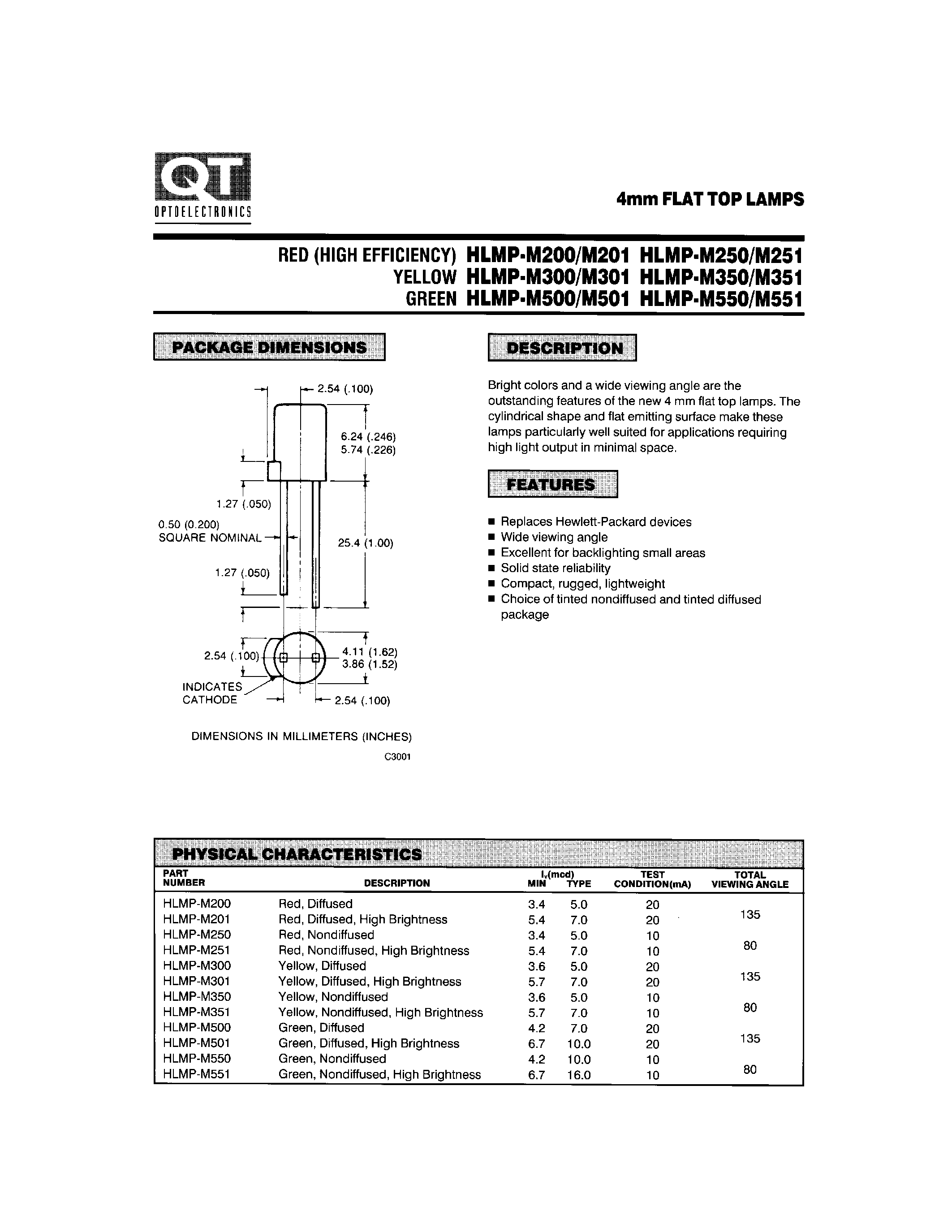 Даташит HLMP-M200 - 4mm FLAT TOP LAMPS страница 1