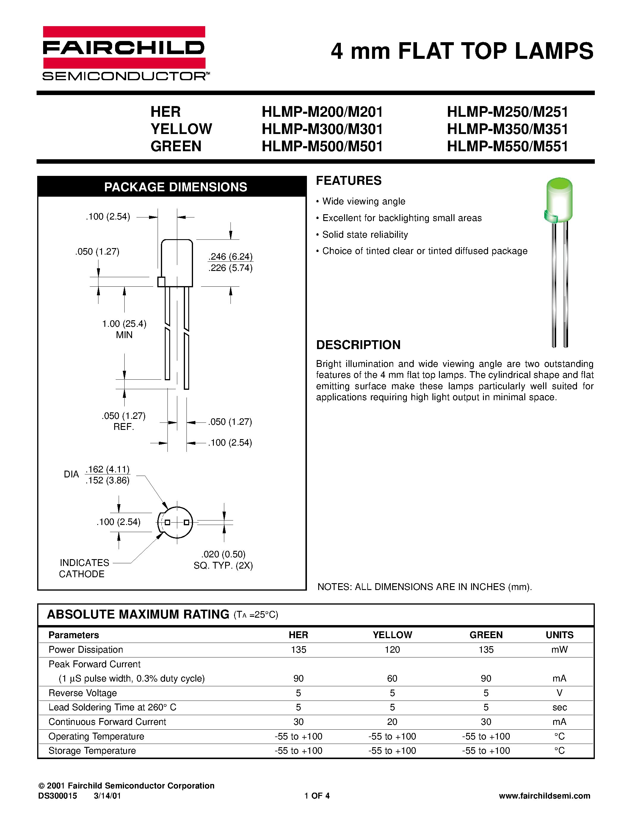 Даташит HLMP-M200 - 4 mm FLAT TOP LAMPS страница 1