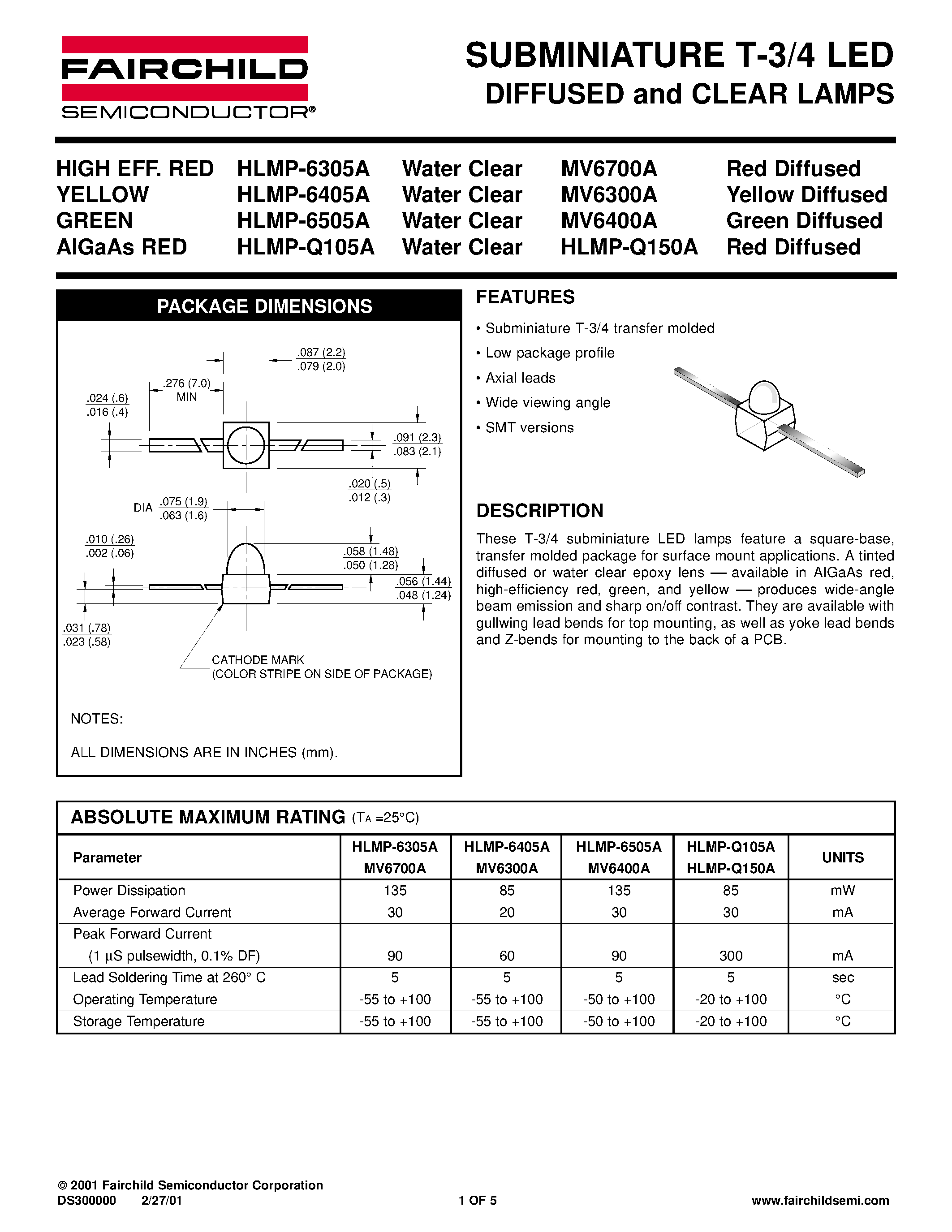 Даташит HLMP-Q105A - SUBMINIATURE T-3/4 LED DIFFUSED and CLEAR LAMPS страница 1