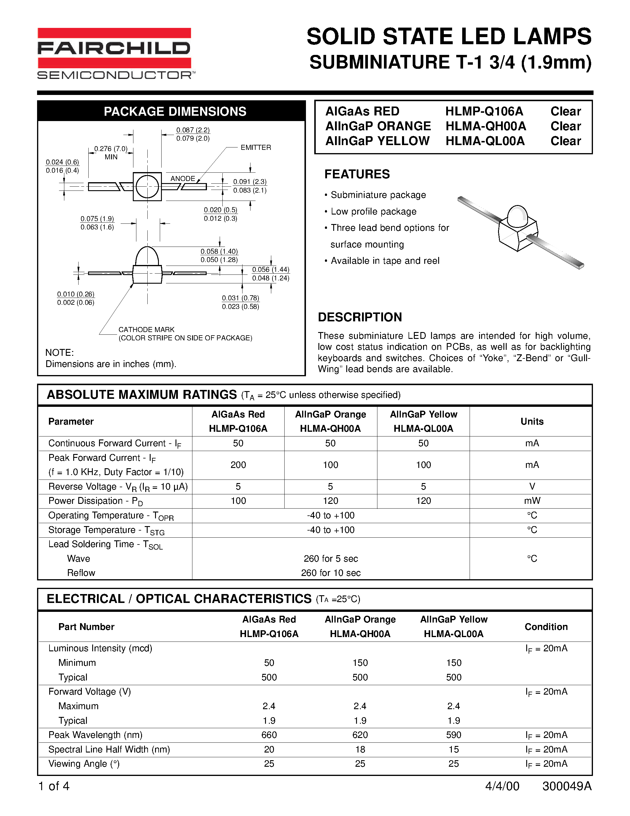 Даташит HLMP-Q106A - SOLID STATE LED LAMPS SUBMINIATURE T-1 3/4 1.9mm страница 1