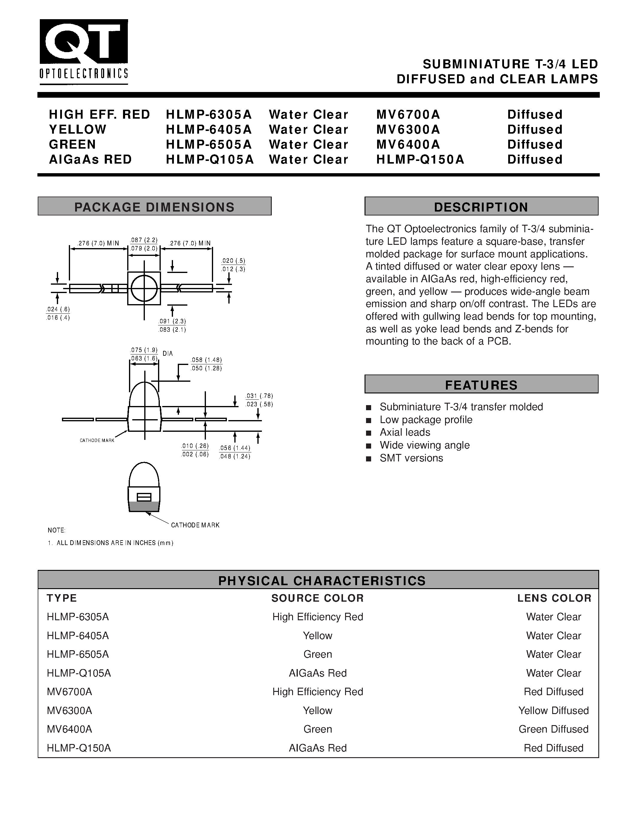 Даташит HLMP-Q150A - SUBMINIATURE T-3/4 LED DIFFUSED and CLEAR LAMPS страница 1