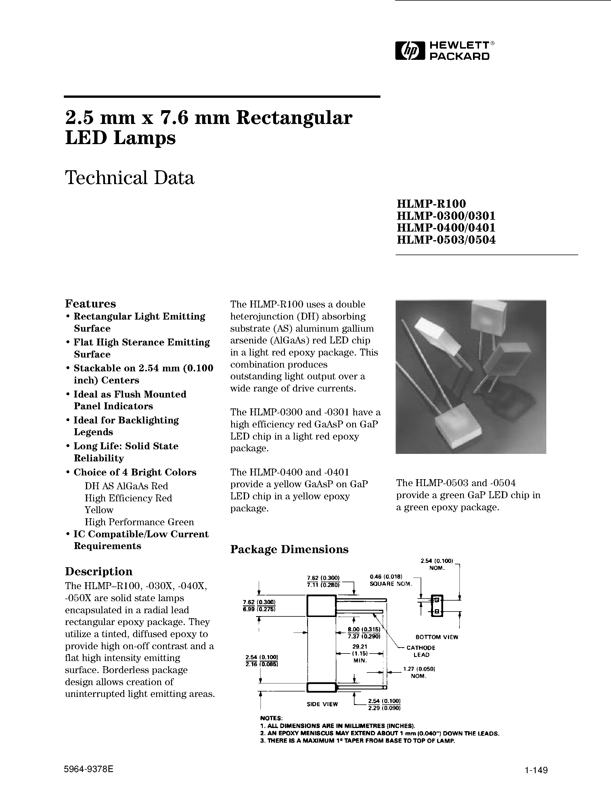 Даташит HLMP-R100 - 2.5 mm x 7.6 mm Rectangular LED Lamps страница 1