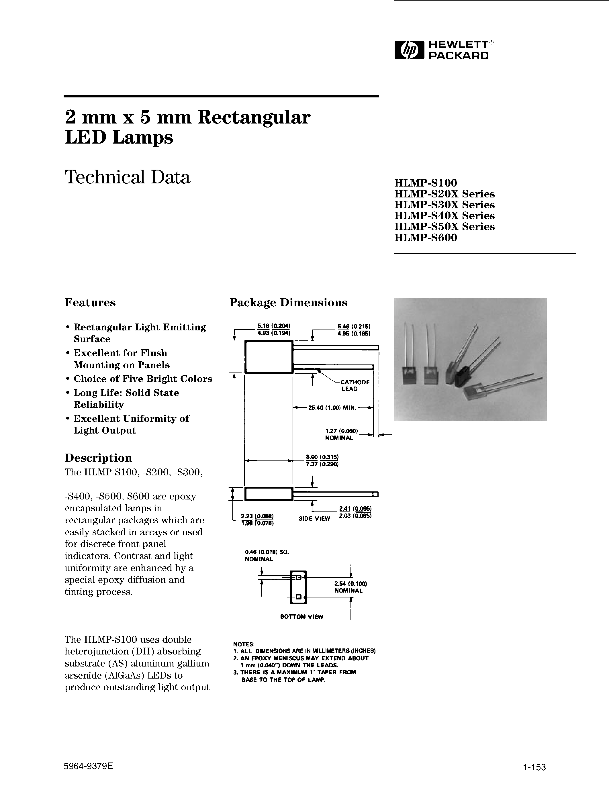 Datasheet HLMP-S300 - 2 mm x 5 mm Rectangular LED Lamps page 1