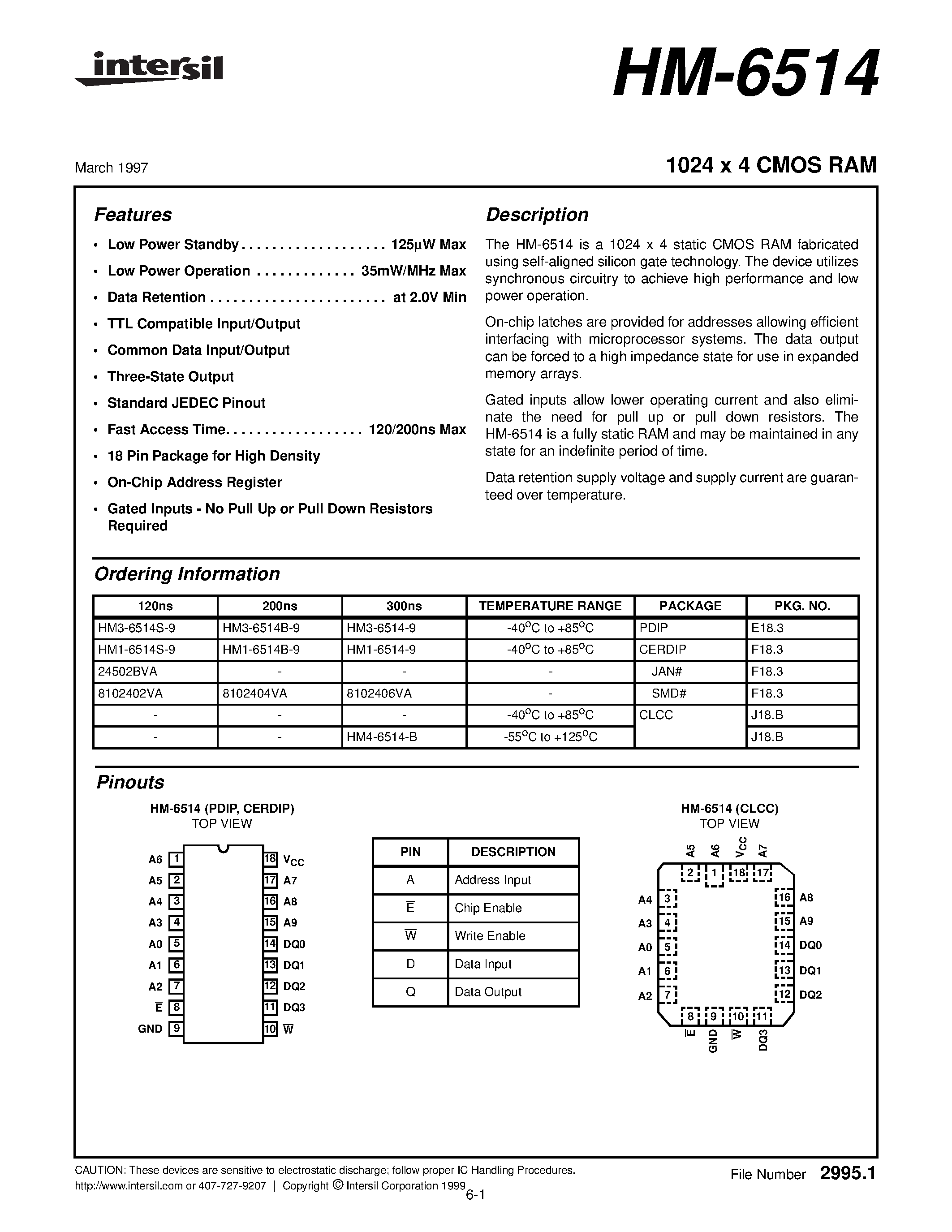 Datasheet HM4-6514-B - 1024 x 4 CMOS RAM page 1