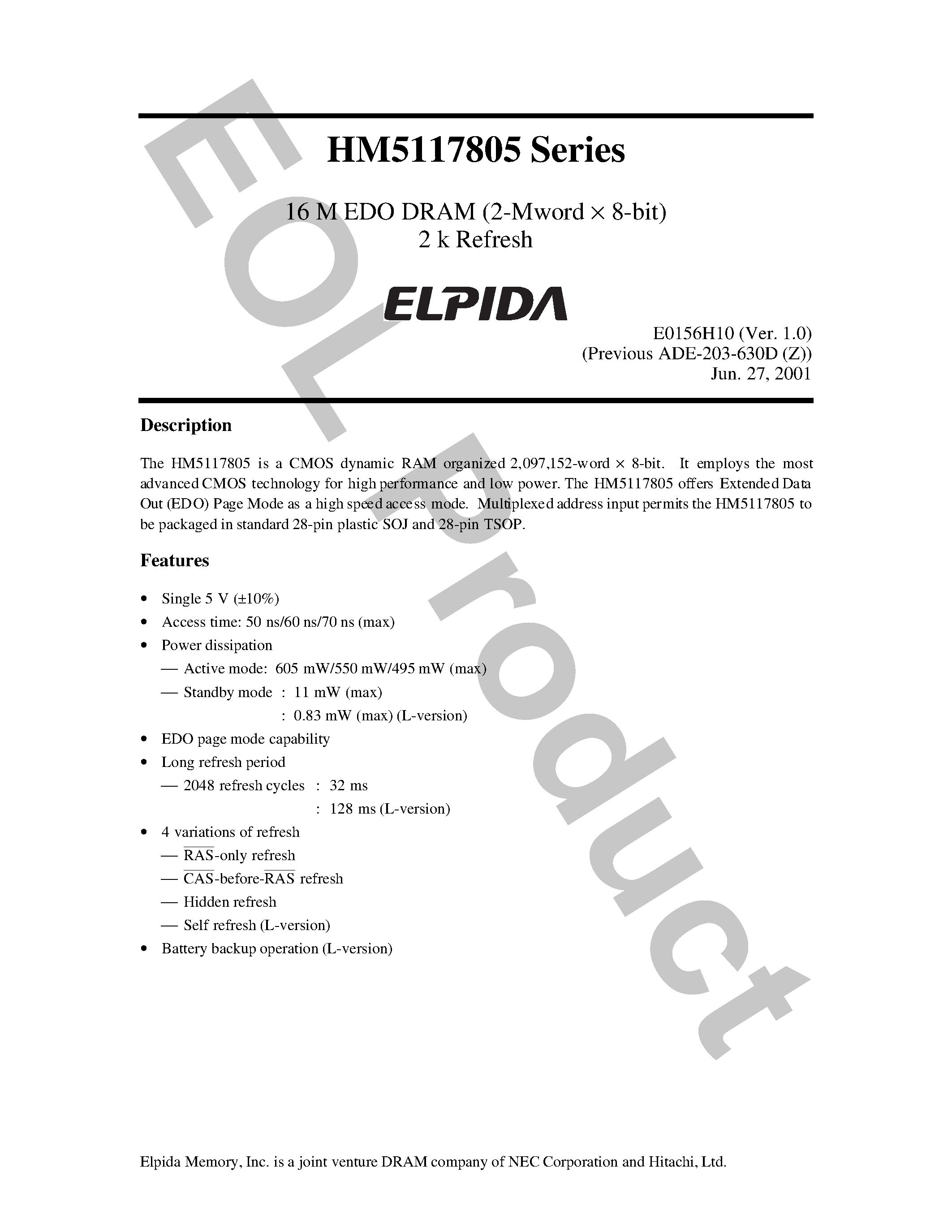 Datasheet HM5117805J-5 - 16 M EDO DRAM (2-Mword X 8-bit) 2 k Refresh page 1