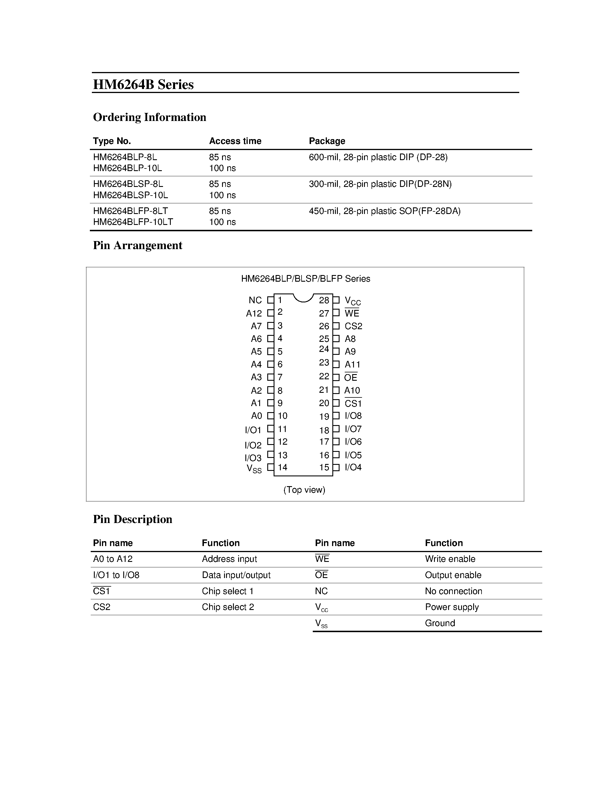 Даташит HM6264BLFP-10 - 64 k SRAM (8-kword x 8-bit) страница 2