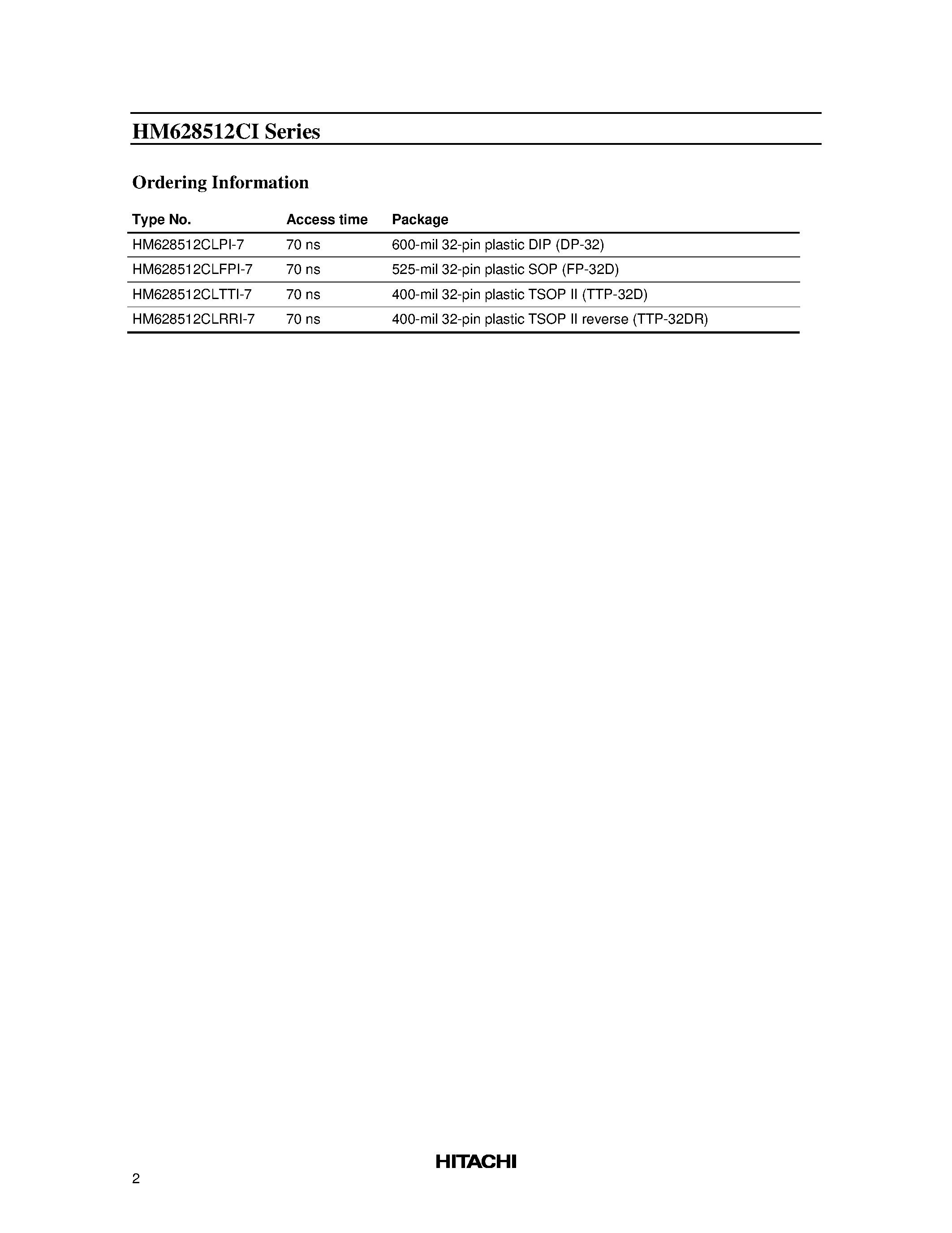 Даташит HM628512CLPI-7 - Wide Temperature Range Version 4 M SRAM (512-kword x 8-bit) страница 2