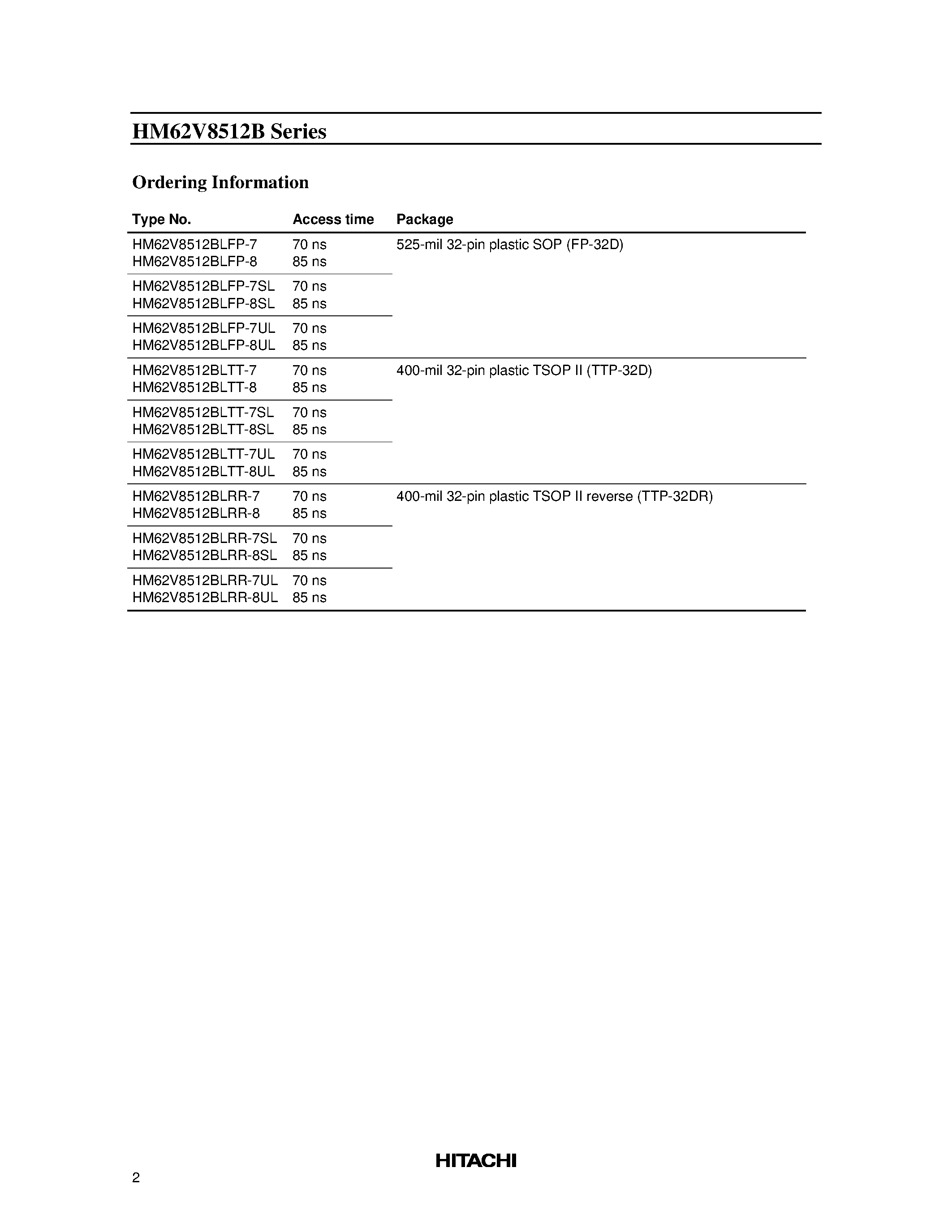 Даташит HM62V8512BLFP-7 - 4 M SRAM (512-kword x 8-bit) страница 2