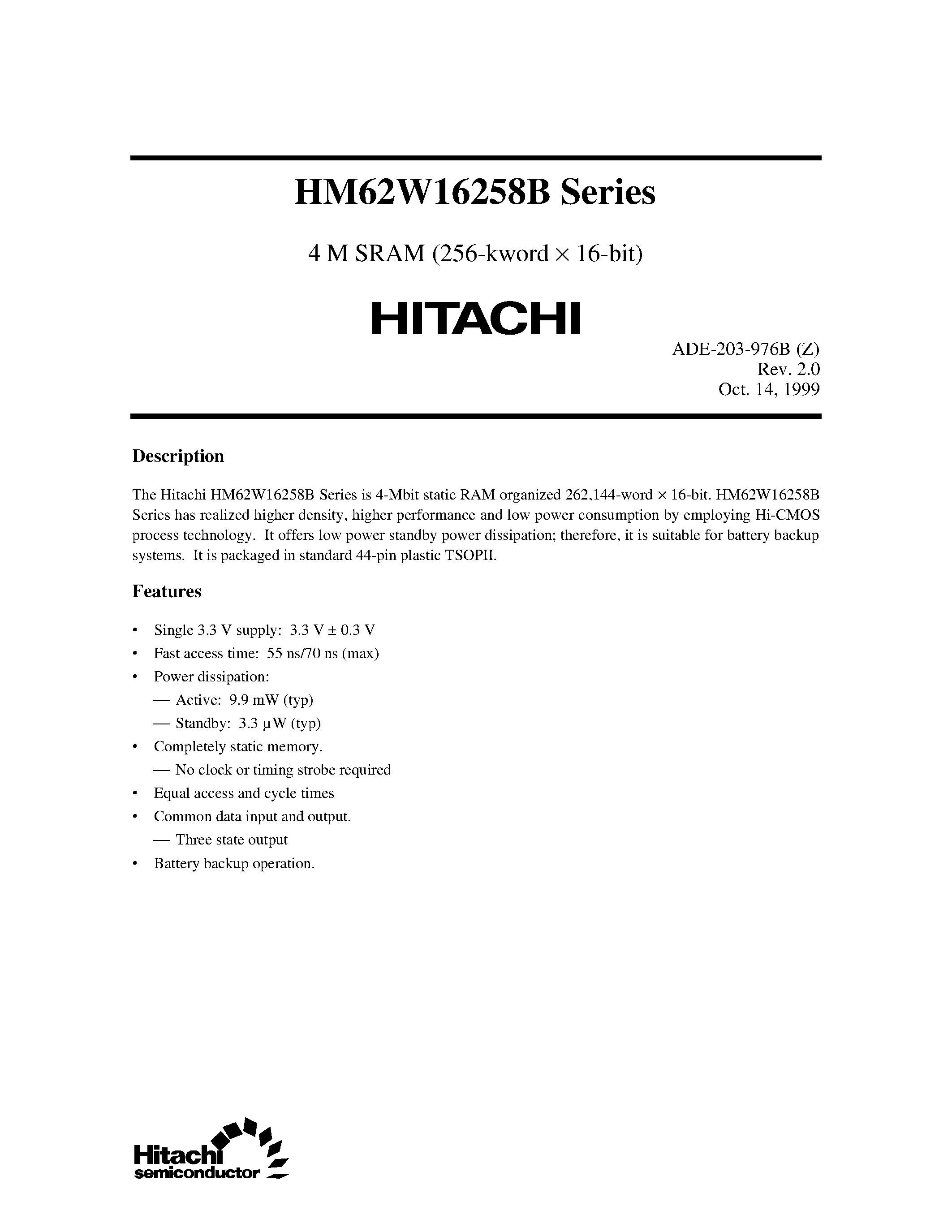 Даташит HM62W16258B - 4 M SRAM (256-kword x 16-bit) страница 1