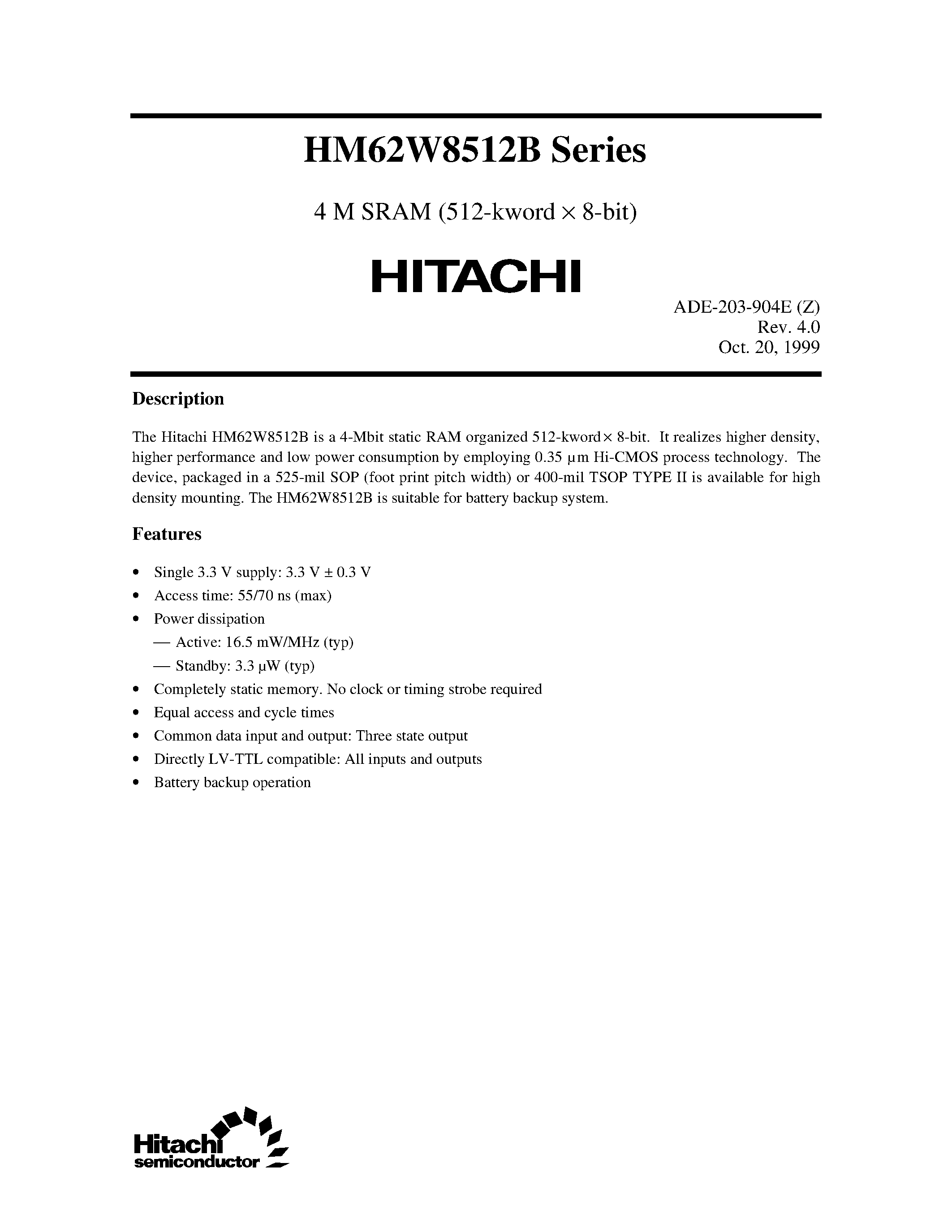 Datasheet HM62W8512BLTT-7SL - 4 M SRAM (512-kword x 8-bit) page 1