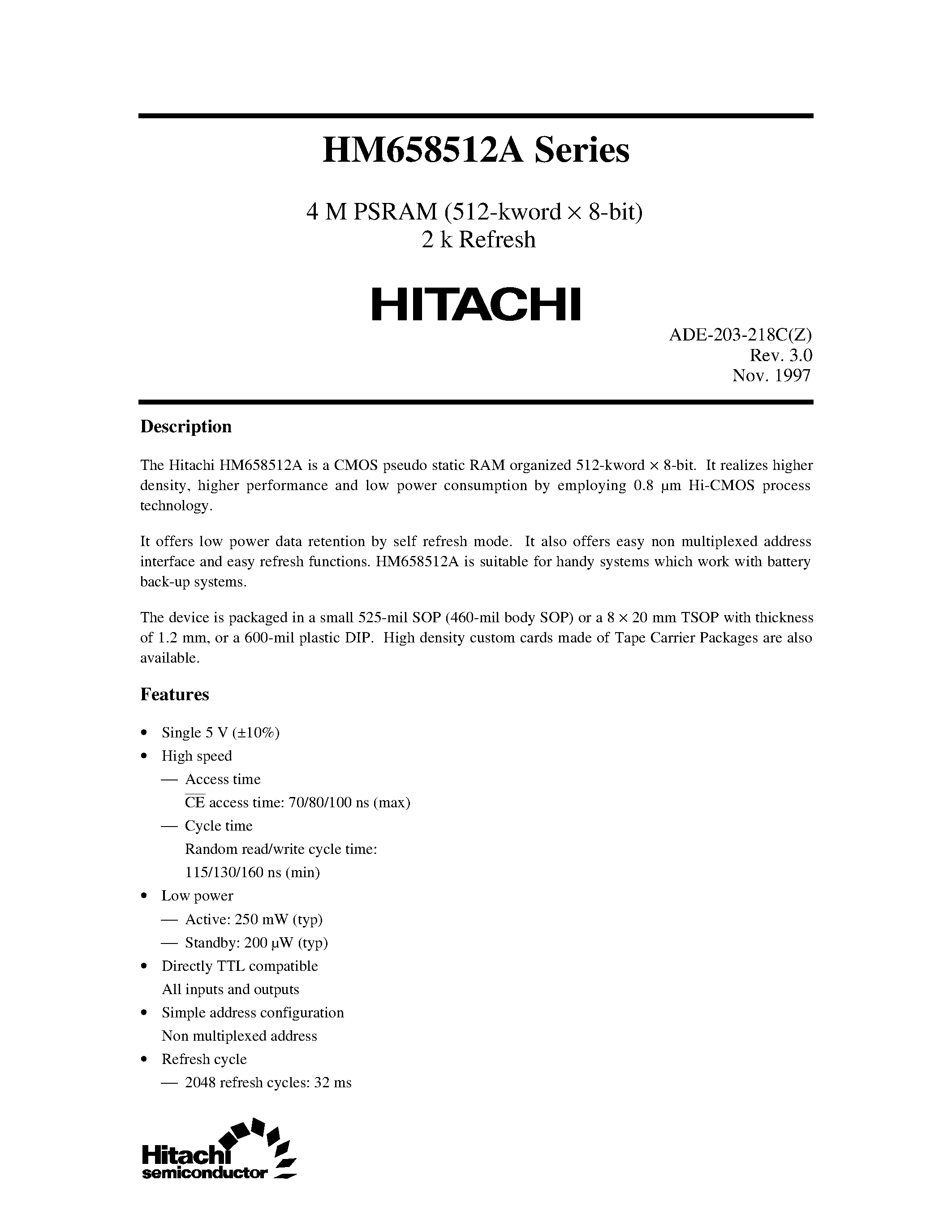 Datasheet HM658512ALFP-7 - 4 M PSRAM (512-kword x 8-bit) 2 k Refresh page 1