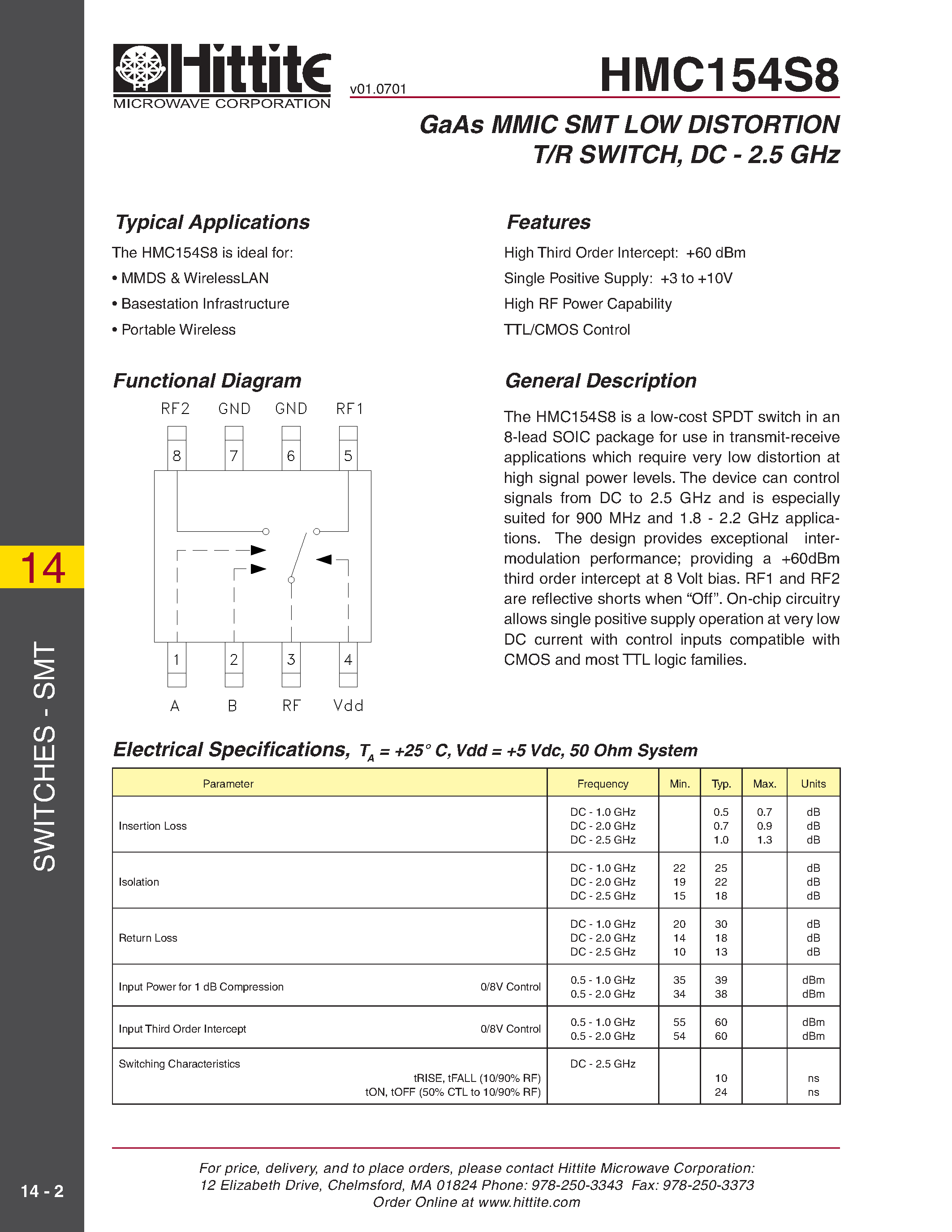 Datasheet HMC154S8 - GaAs MMIC SMT LOW DISTORTION T/R SWITCH/ DC - 2.5 GHz page 1