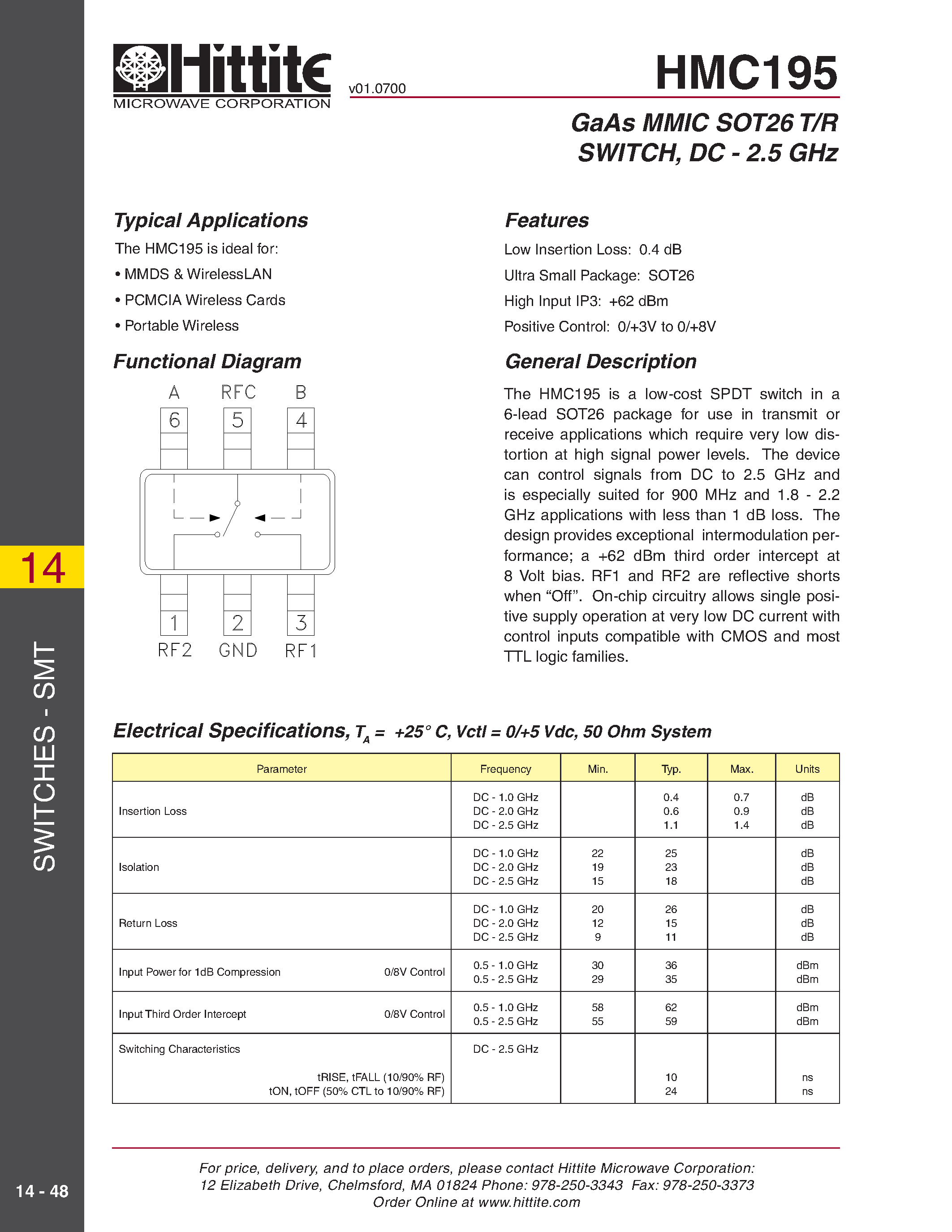 Datasheet HMC195 - GaAs MMIC SOT26 T/R SWITCH/ DC - 2.5 GHz page 1