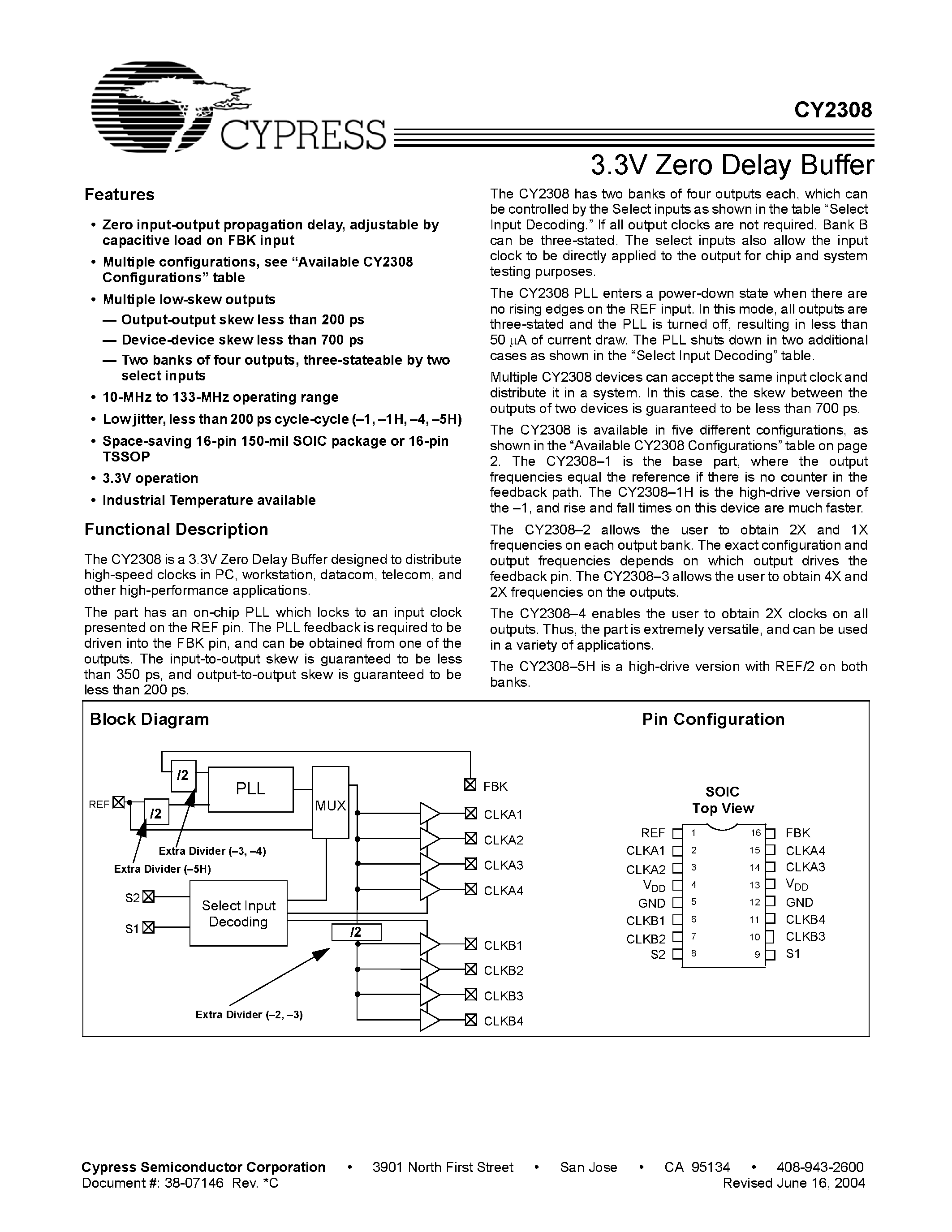 Даташит CY2308SC-3 - 3.3V Zero Delay Buffer страница 1