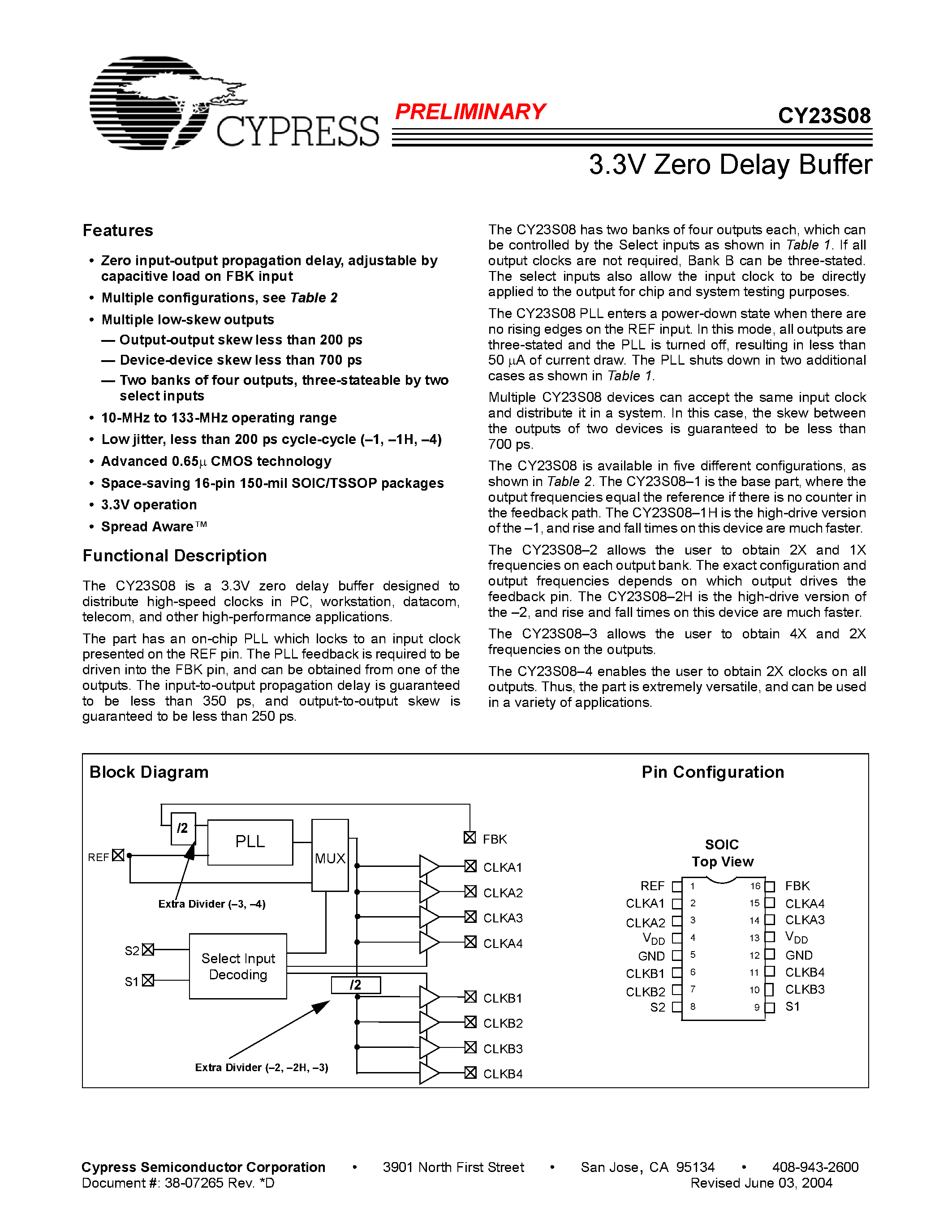 Даташит CY23S08SC-3 - 3.3V Zero Delay Buffer страница 1