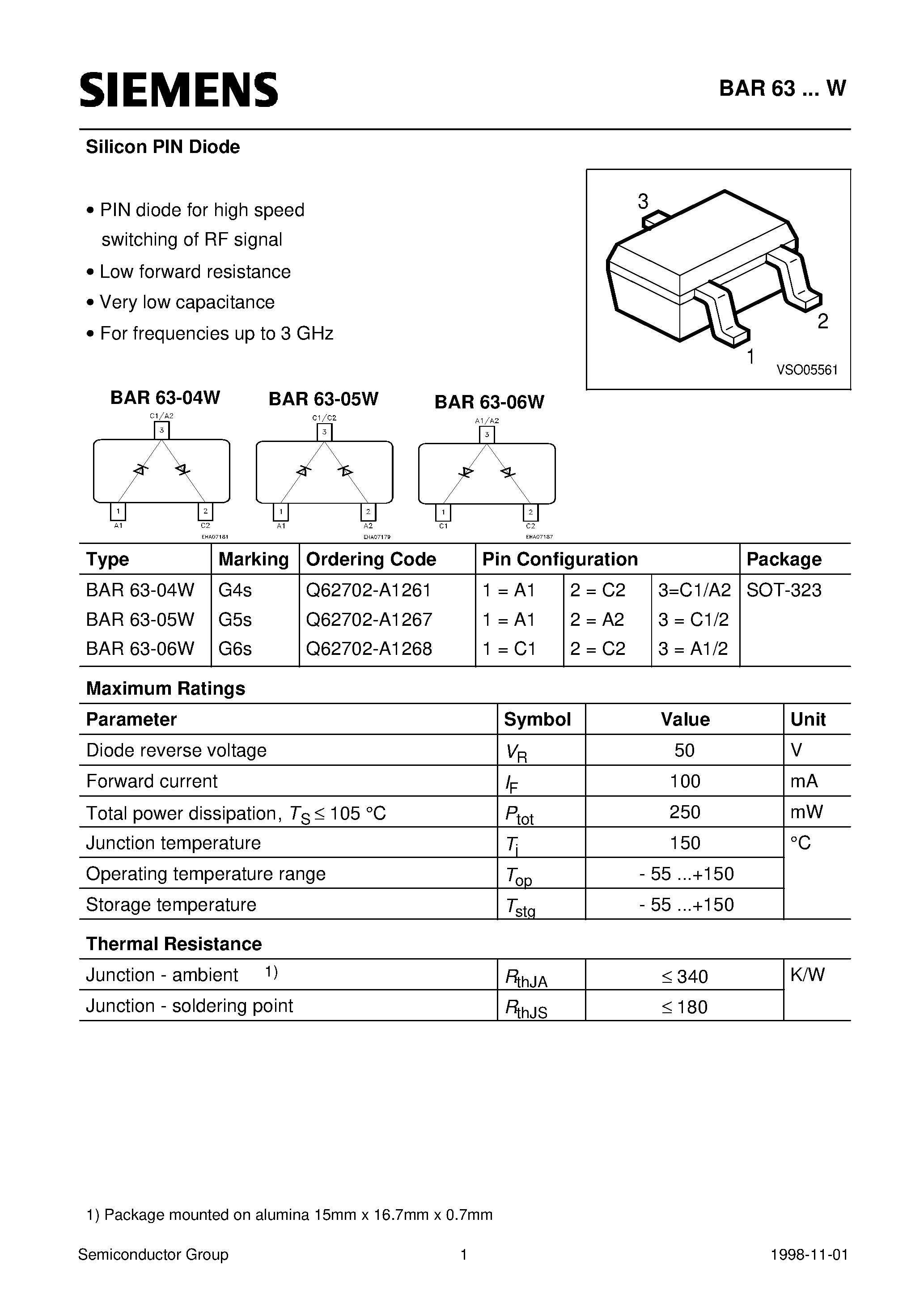 Datasheet BAR63-04W - Silicon PIN Diode (PIN diode for high speed switching of RF signal Low forward resistance Very low capacitance For frequencies up to 3 GHz) page 1