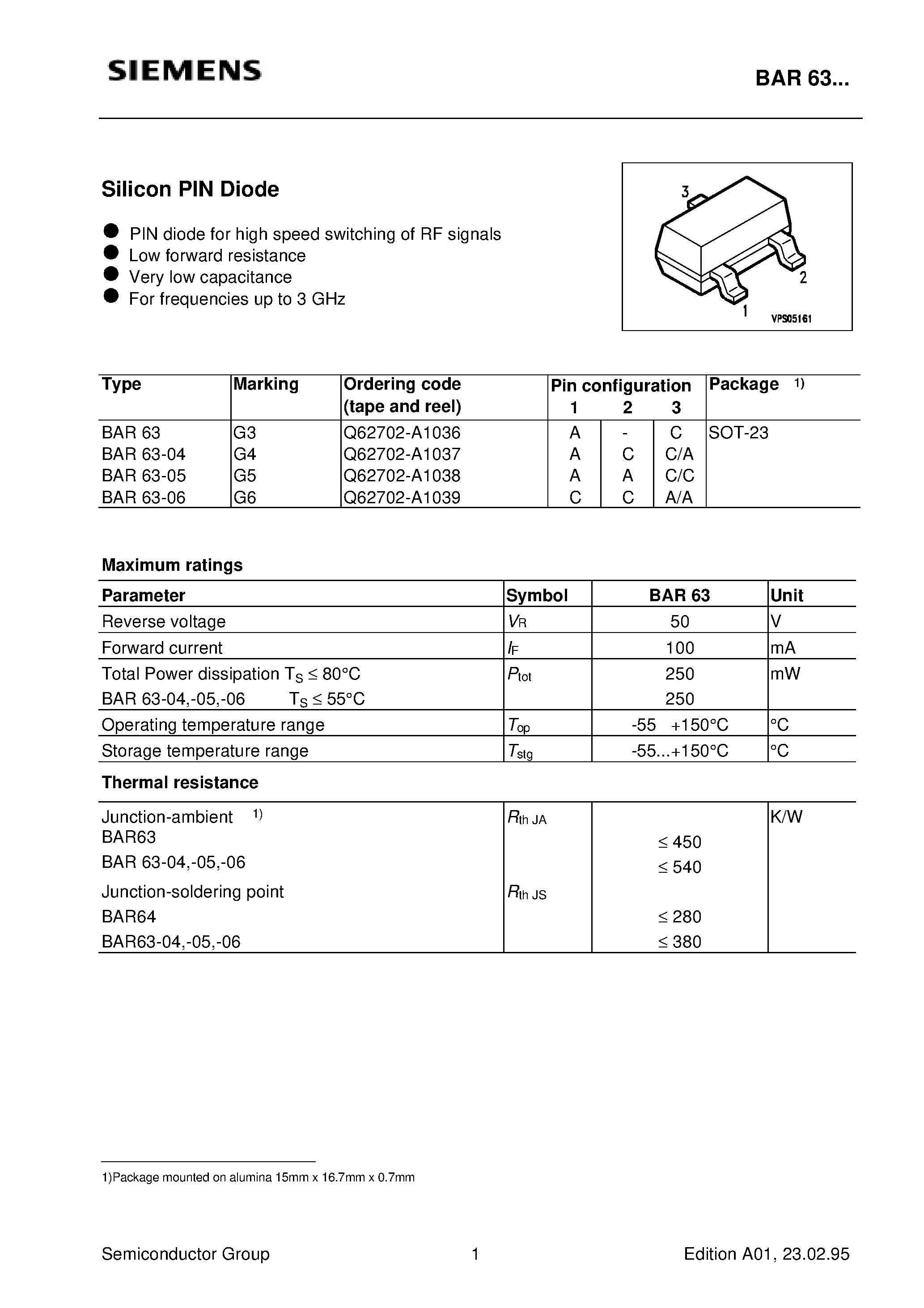 Datasheet BAR63-05 - Silicon PIN Diode (PIN diode for high speed switching of RF signals Low forward resistance Very low capacitance For frequencies up to 3 GHz) page 1