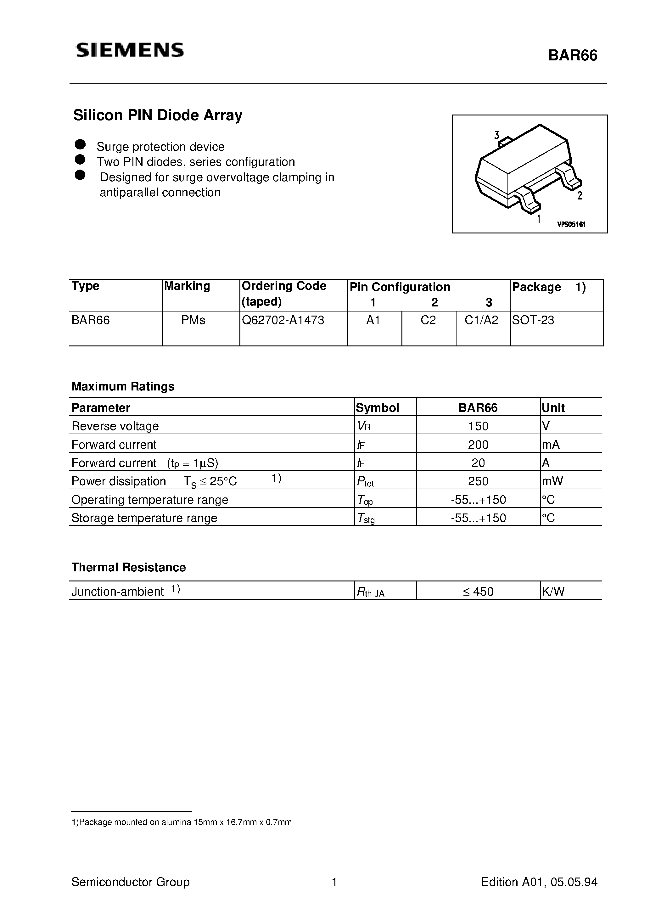 Даташит BAR66 - Silicon PIN Diode Array (Surge protection device Two PIN diodes/ series configuration) страница 1