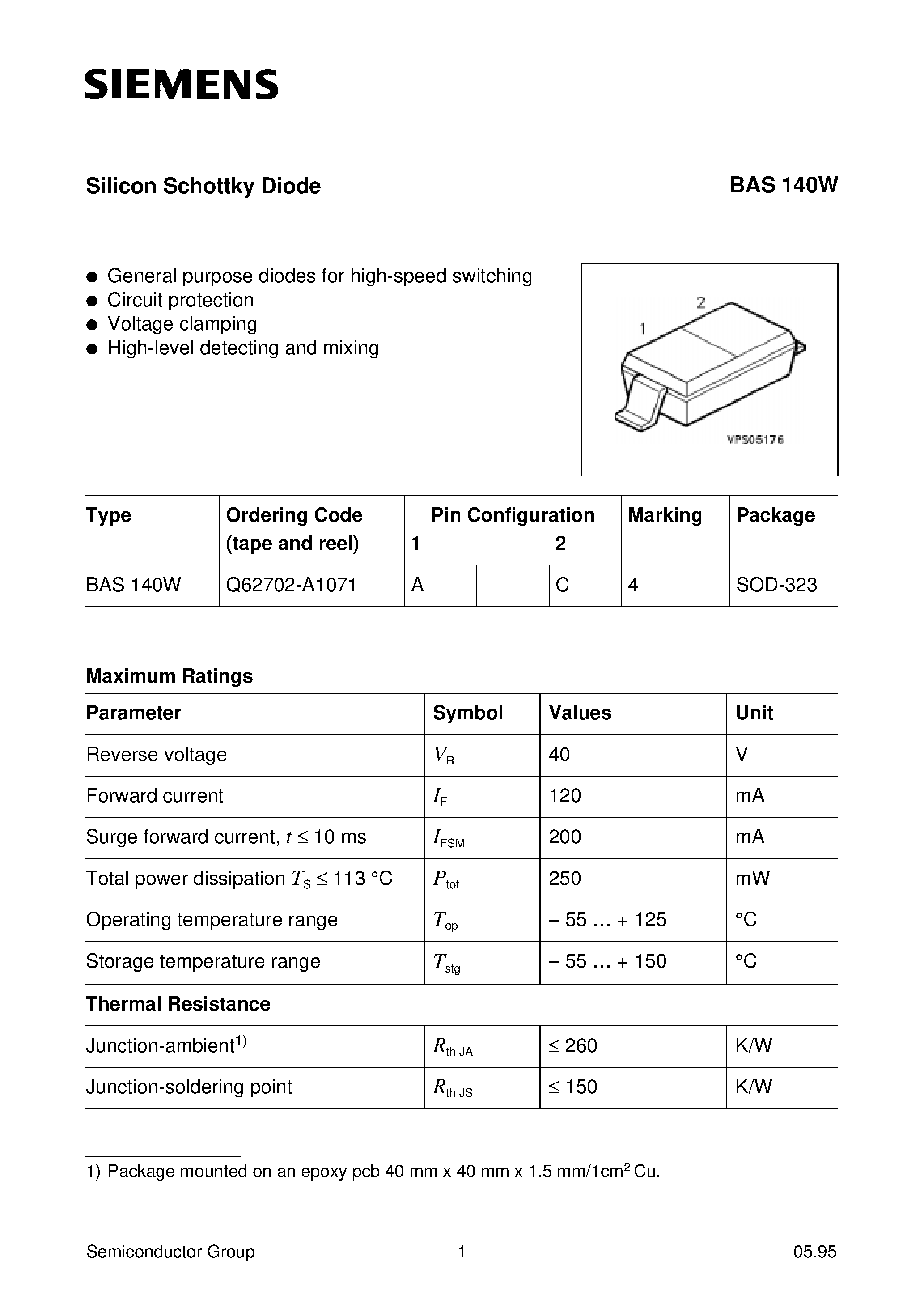 Даташит BAS140W - Silicon Schottky Diode (General purpose diodes for high-speed switching Circuit protection Voltage clamping High-level detecting and mixing) страница 1