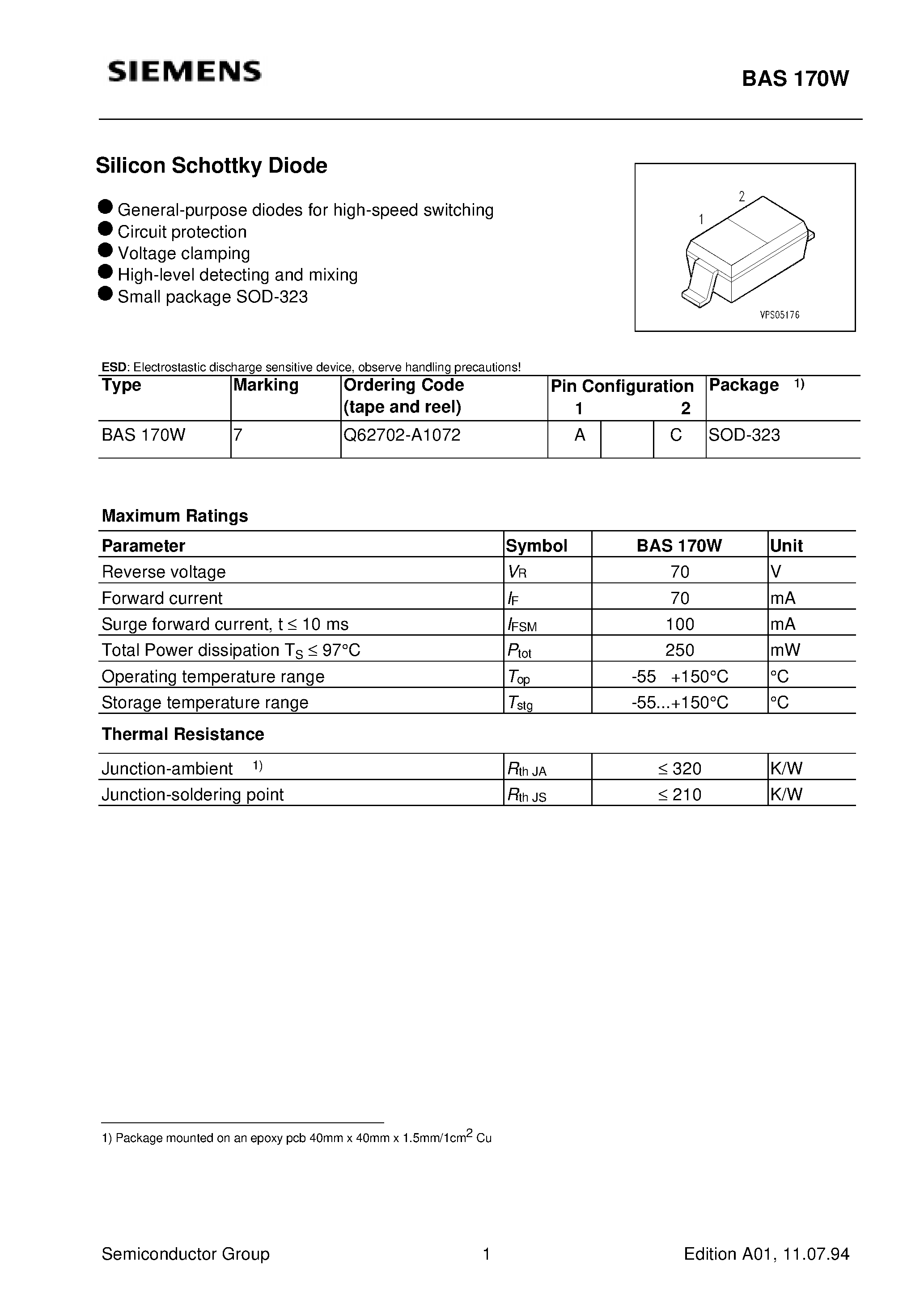 Даташит BAS170 - Silicon Schottky Diode (General-purpose diodes for high-speed switching Circuit protection Voltage clamping) страница 1