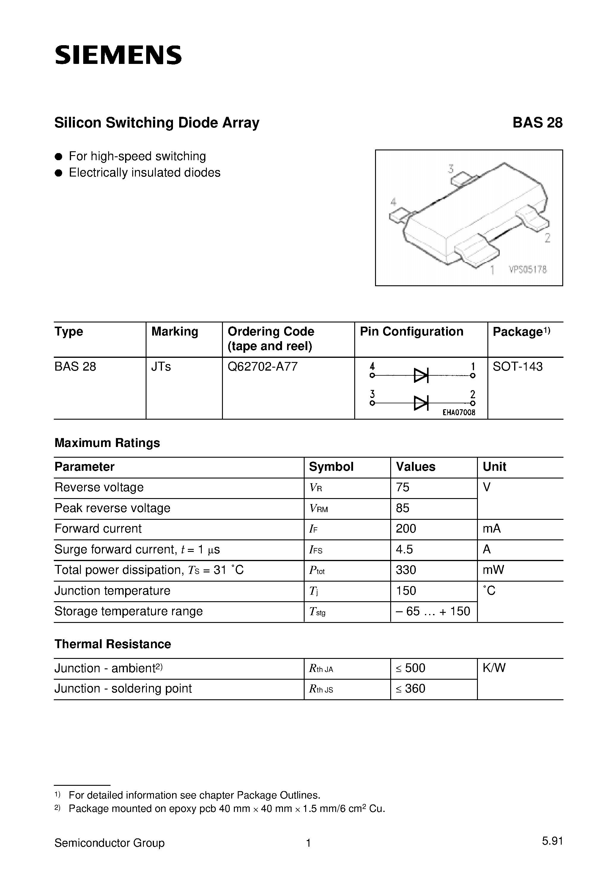 Даташит BAS28 - Silicon Switching Diode Array (For high-speed switching Electrically insulated diodes) страница 1