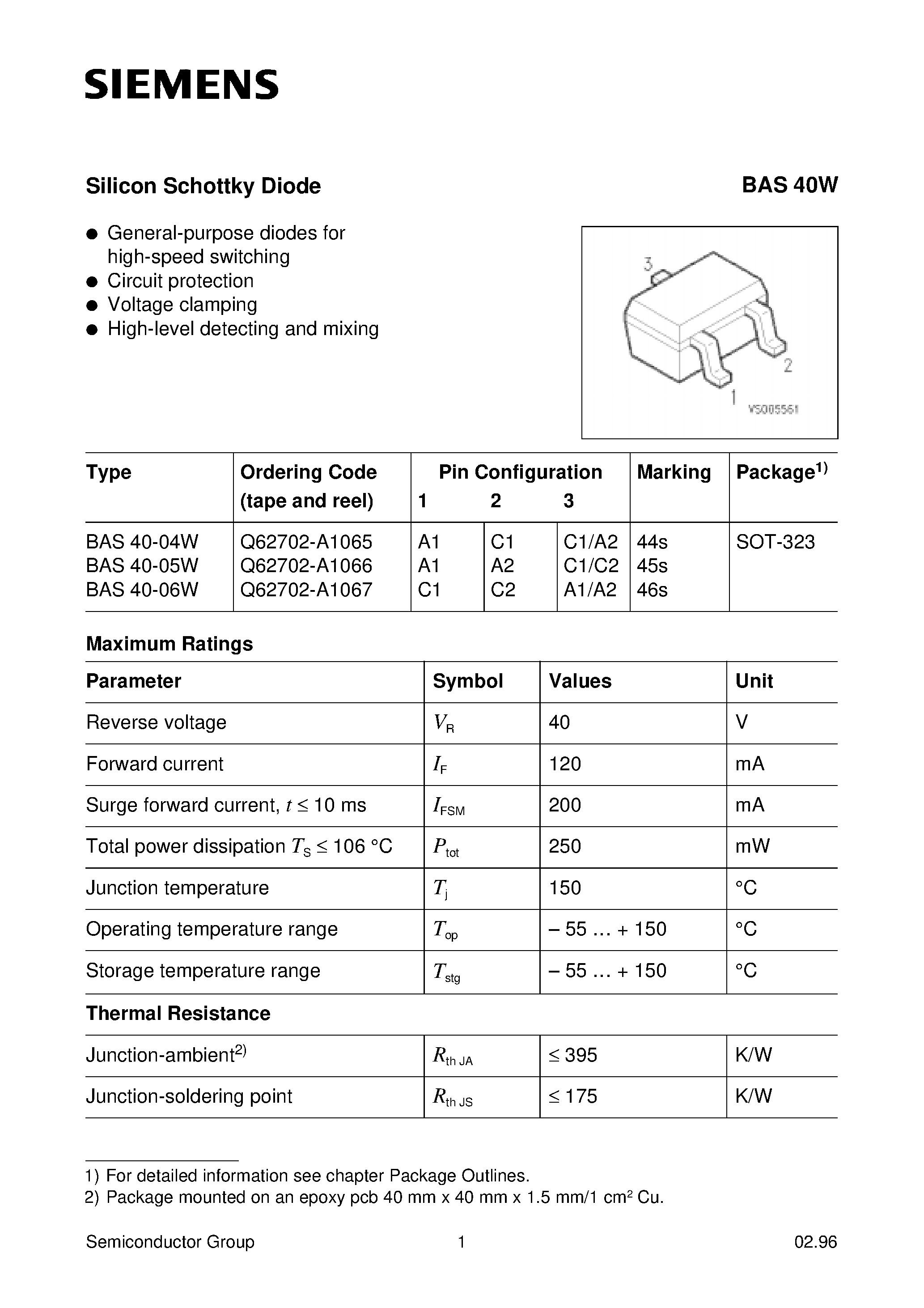 Даташит BAS40-04W - Silicon Schottky Diode (General-purpose diodes for high-speed switching Circuit protection Voltage clamping) страница 1