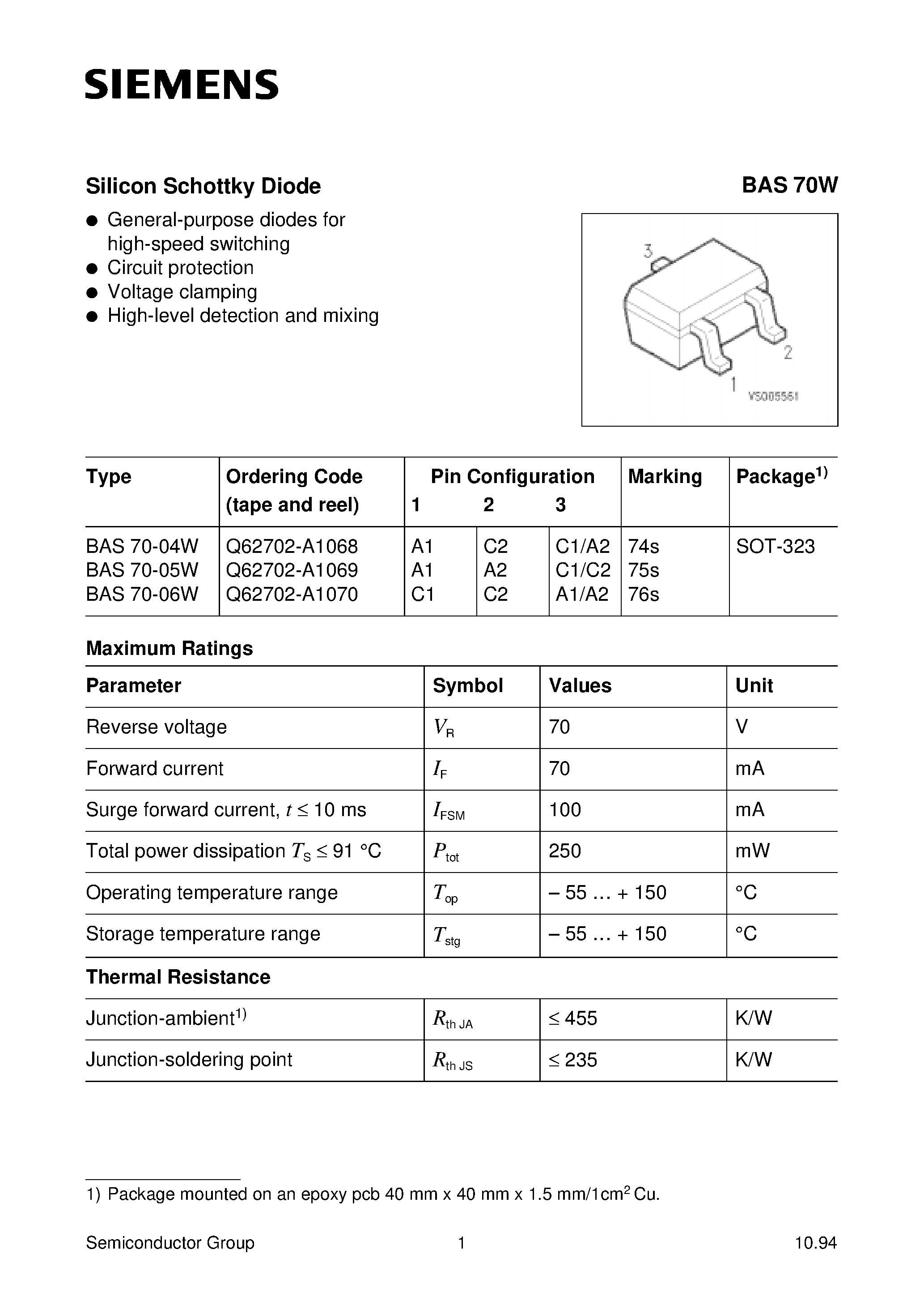 Даташит BAS70W - Silicon Schottky Diode (General-purpose diodes for high-speed switching Circuit protection Voltage clamping) страница 1