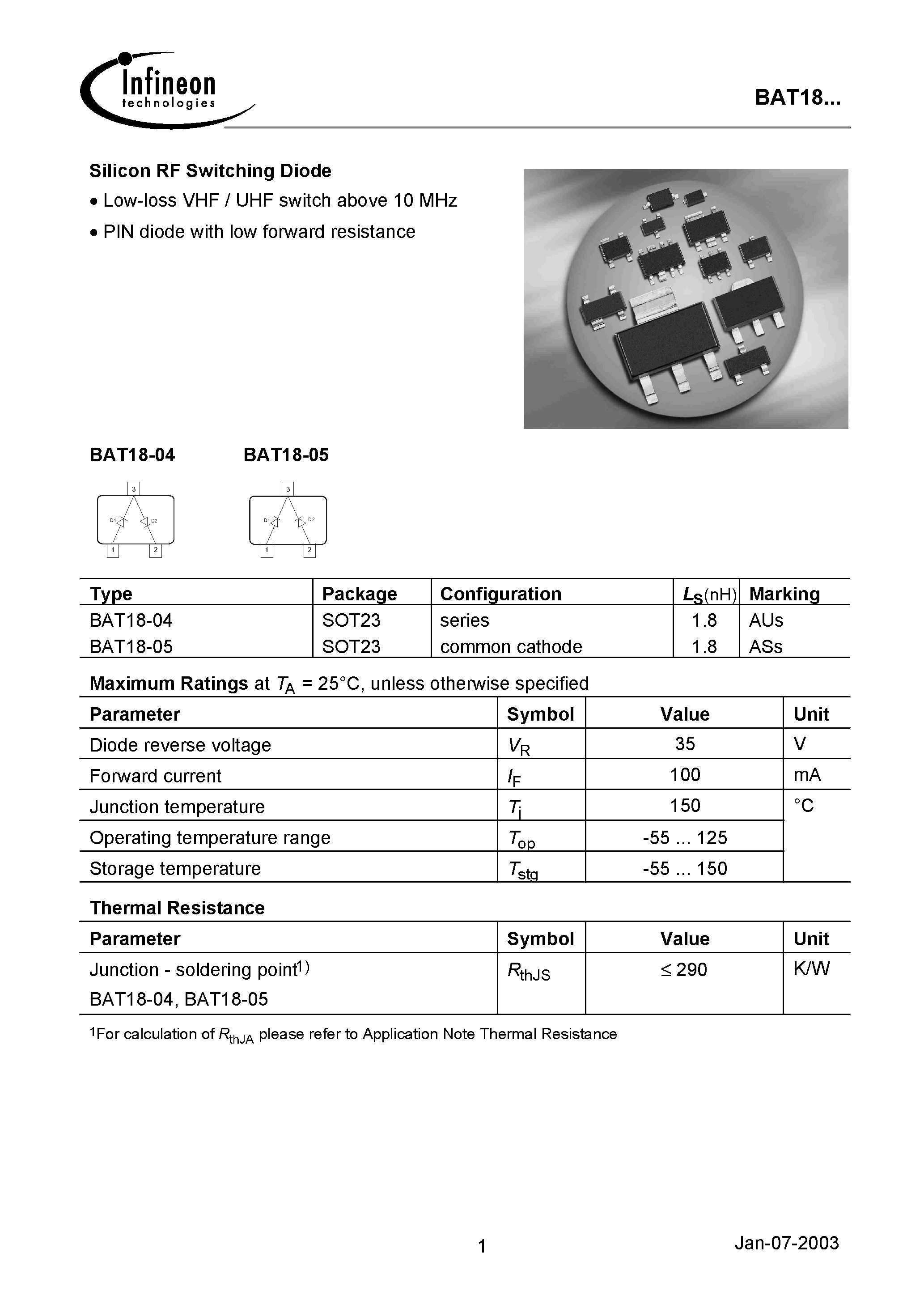 Даташит BAT18 - Silicon RF Switching Diode страница 1