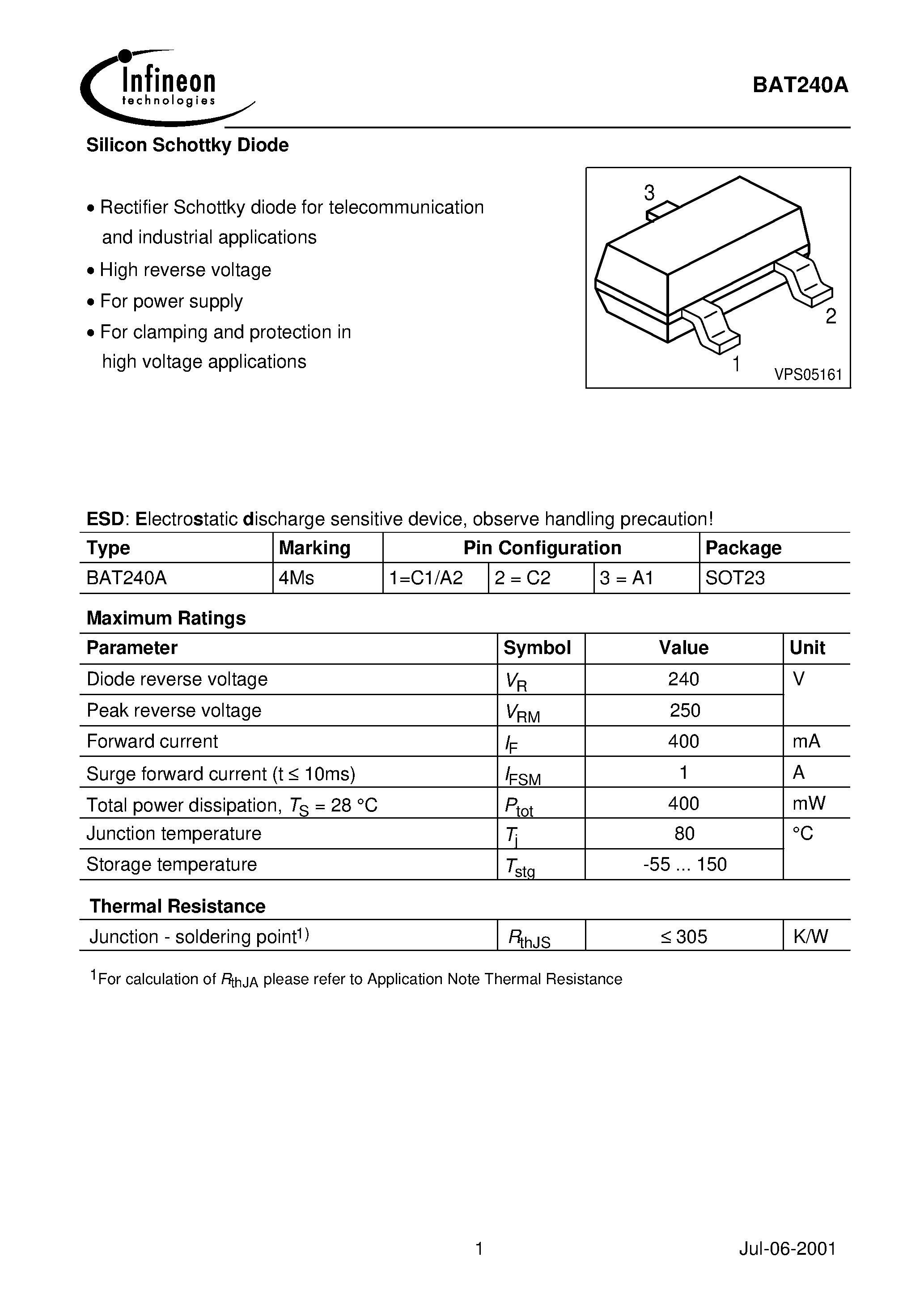 Даташит BAT240A - Silicon Schottky Diode страница 1