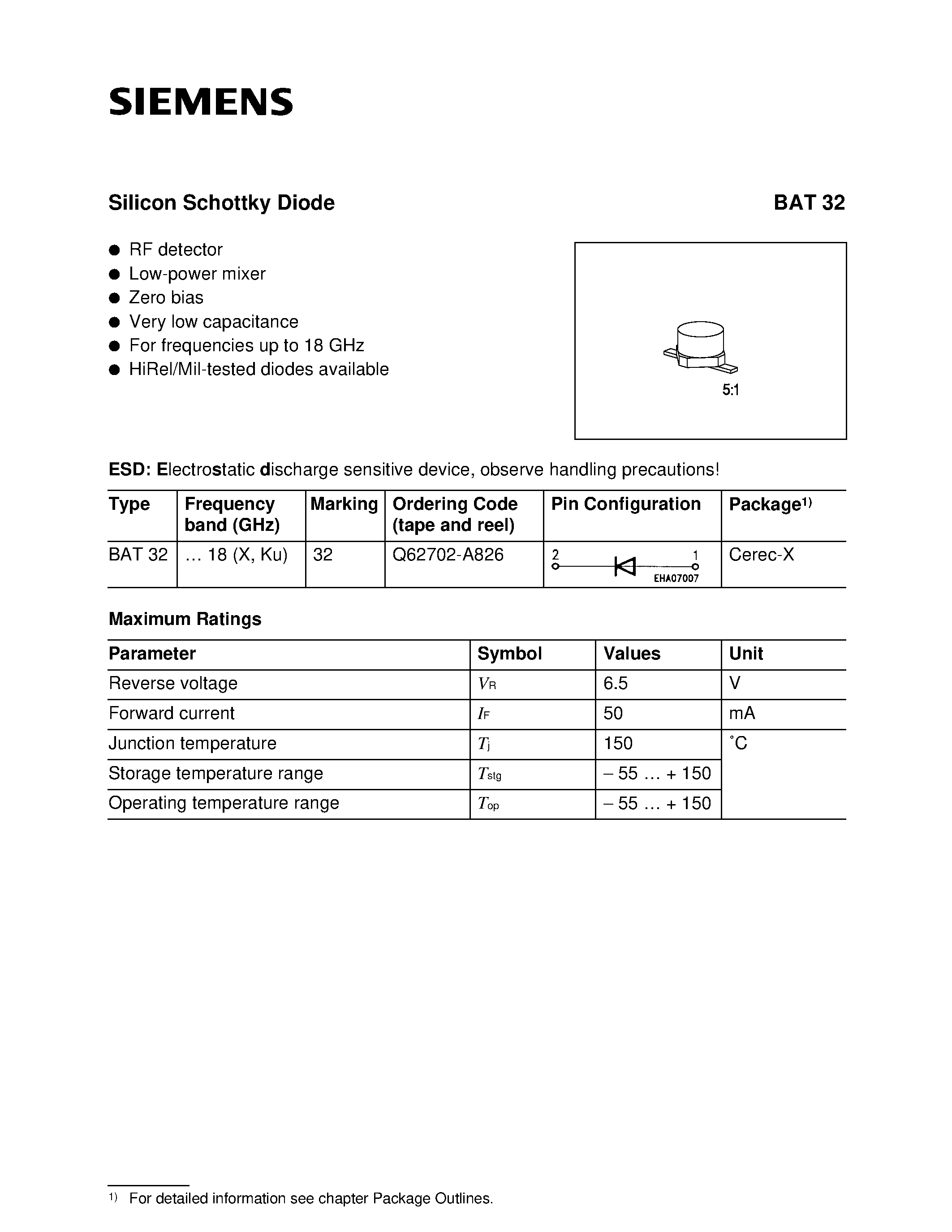 Datasheet BAT32 - Silicon Schottky Diode page 1