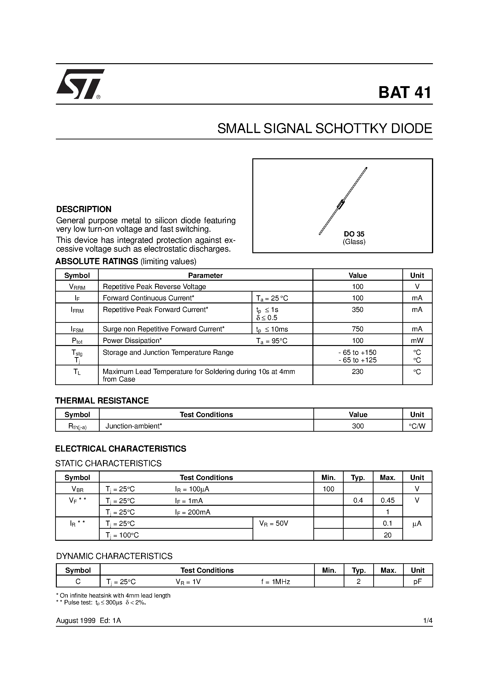 Datasheet BAT41 - SMALL SIGNAL SCHOTTKY DIODE page 1