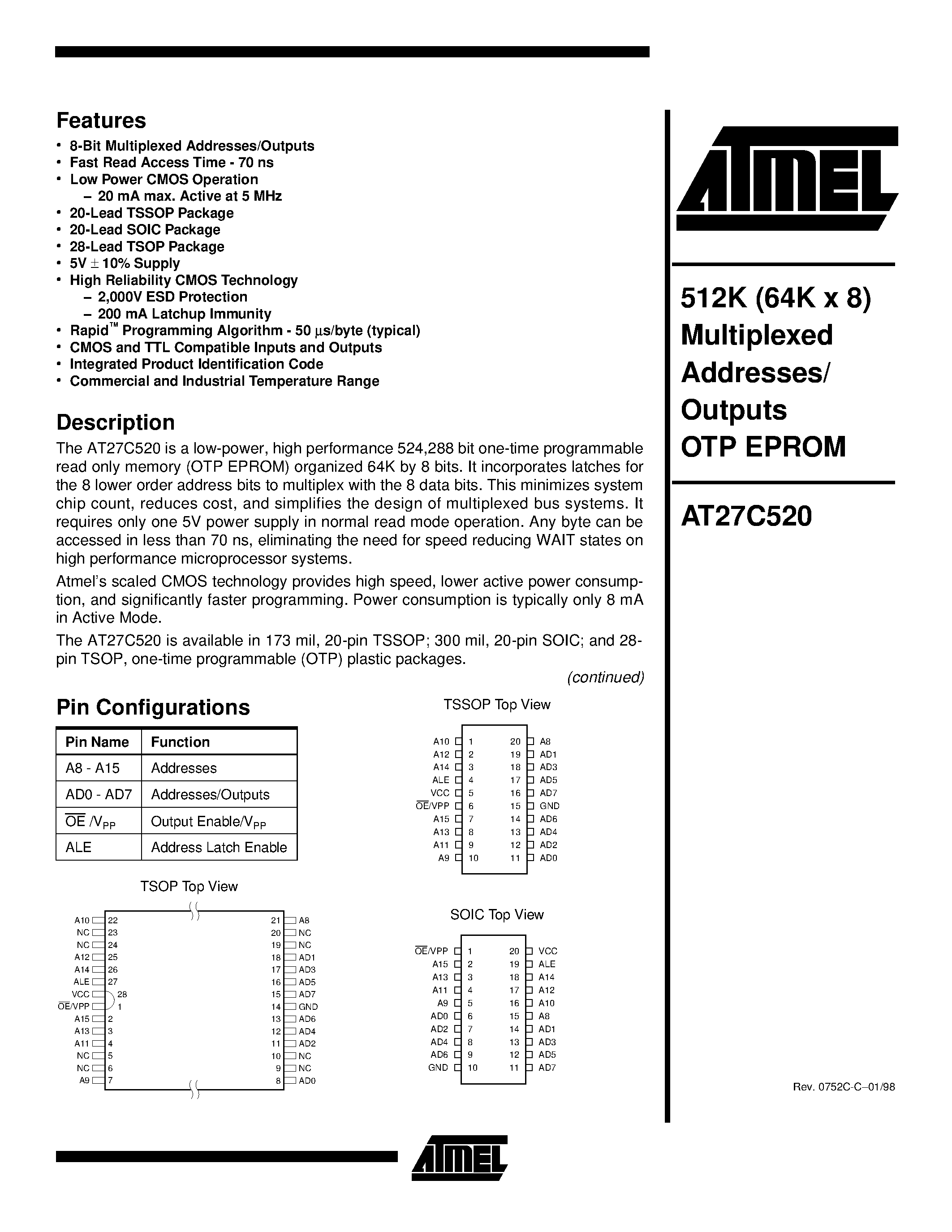 Datasheet AT27C520 - 512K 64K x 8 Multiplexed Addresses/ Outputs OTP EPROM page 1