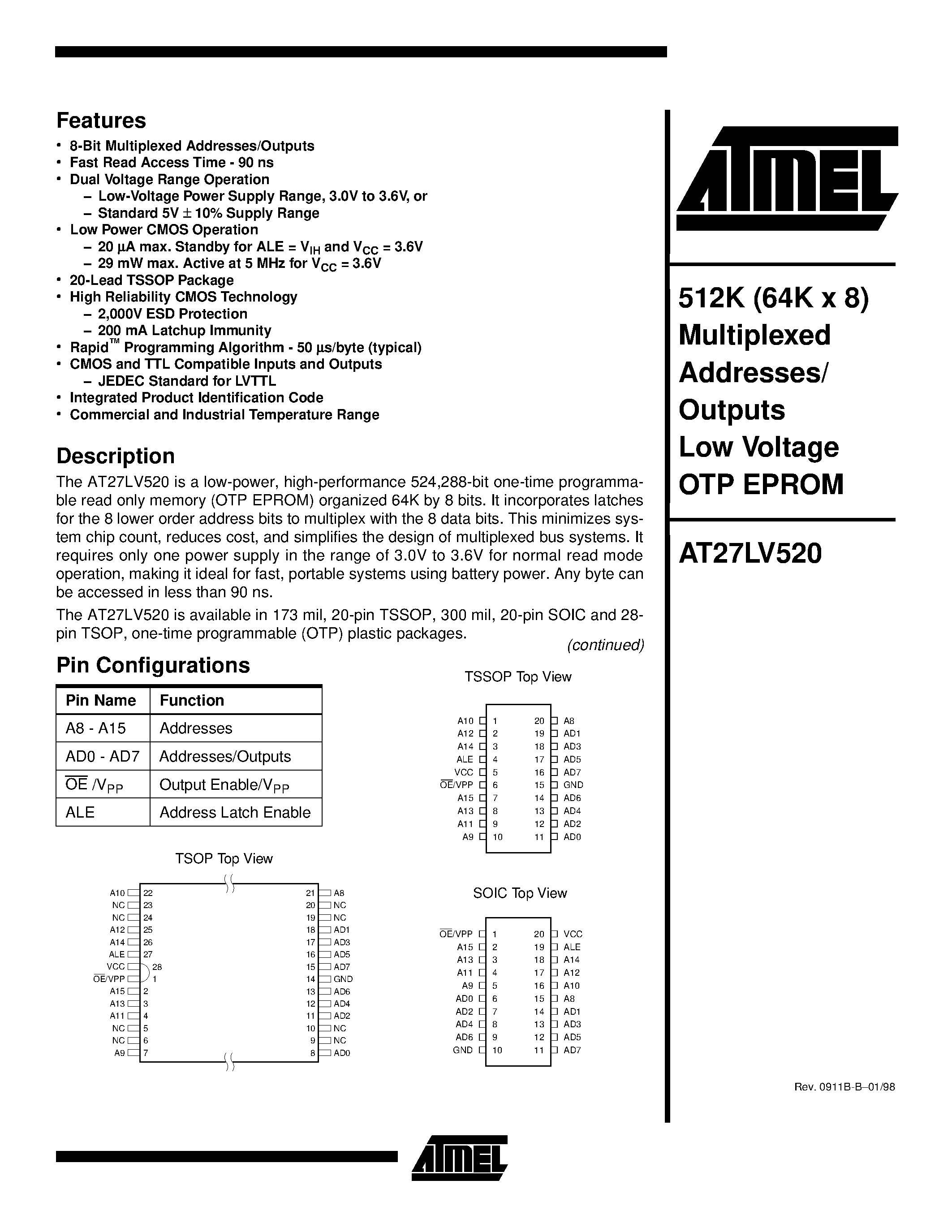 Datasheet AT27LV520 - 512K 64K x 8 Multiplexed Addresses/ Outputs Low Voltage OTP EPROM page 1