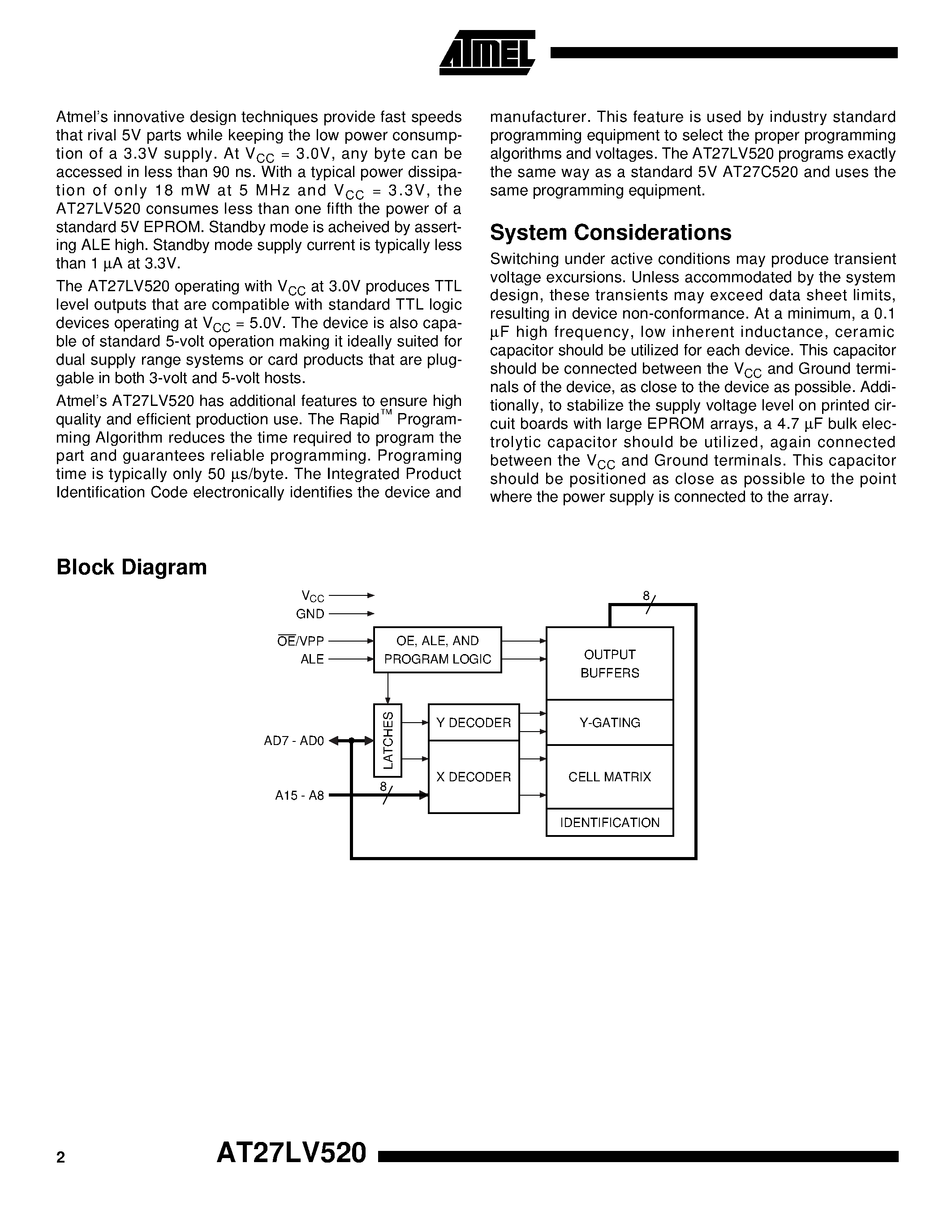 Datasheet AT27LV520 - 512K 64K x 8 Multiplexed Addresses/ Outputs Low Voltage OTP EPROM page 2