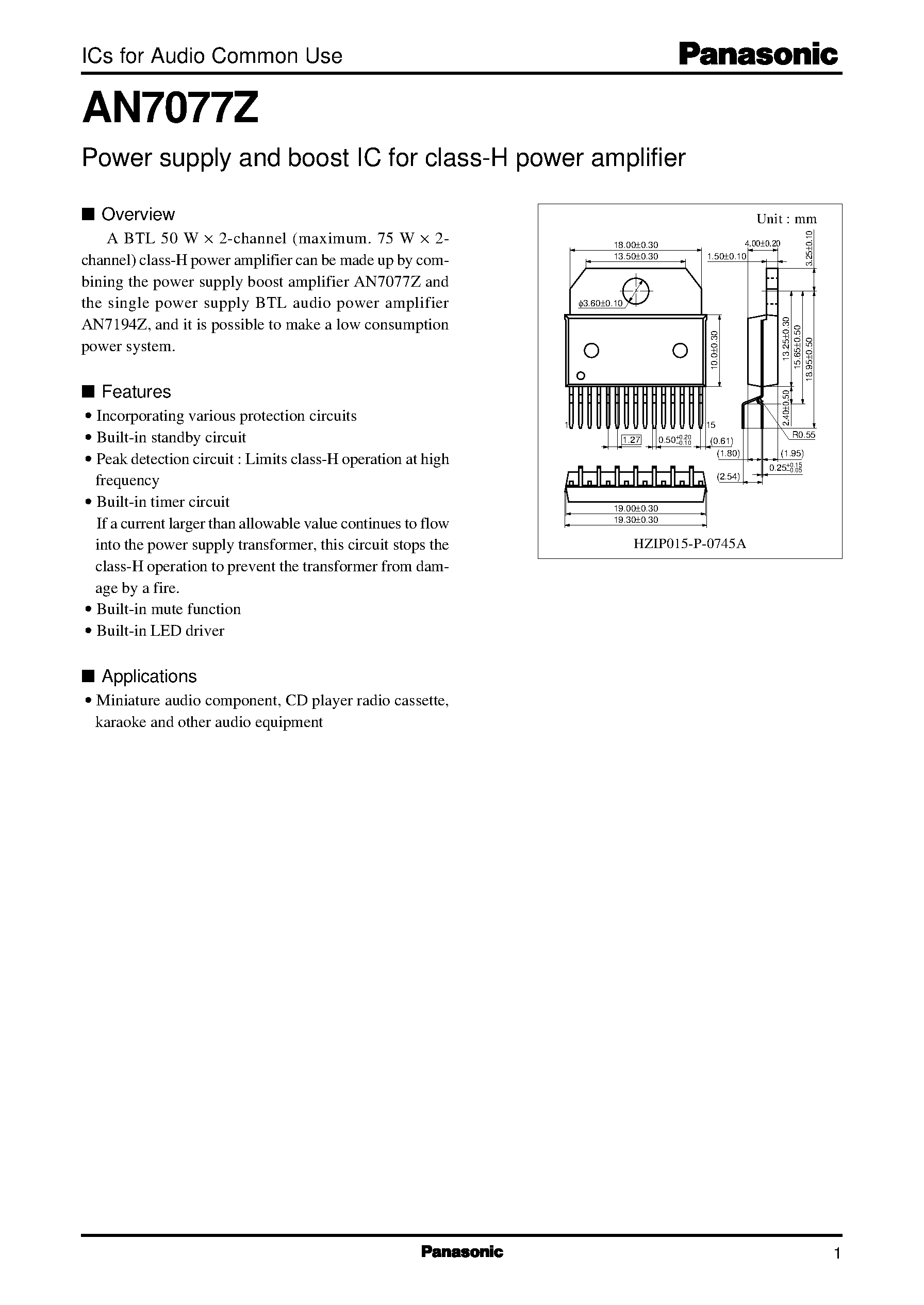 Даташит AN7077Z - Power supply and boost IC for class-H power amplifier страница 1