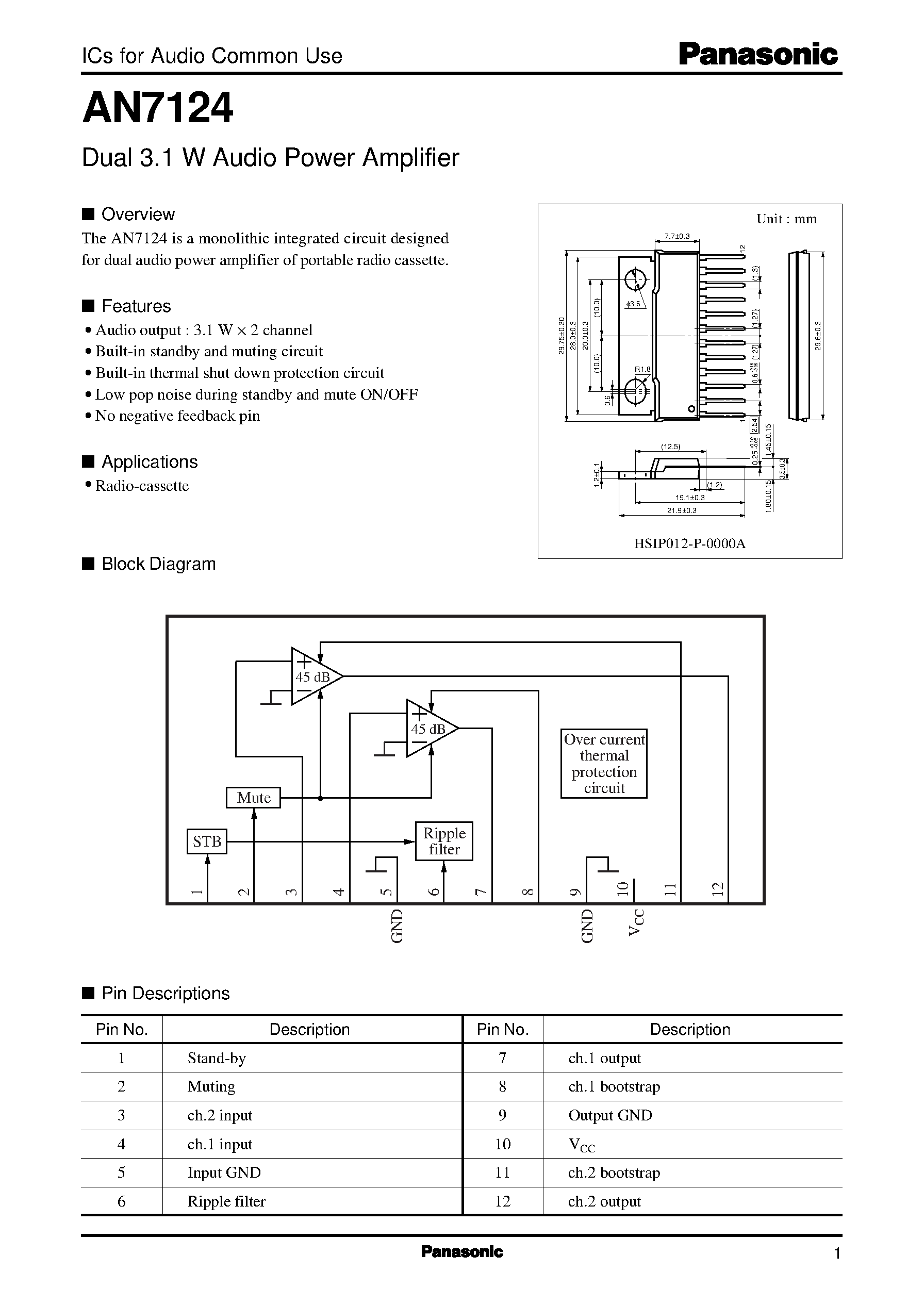 Даташит AN7124 - Dual 3.1 W Audio Power Amplifier страница 1