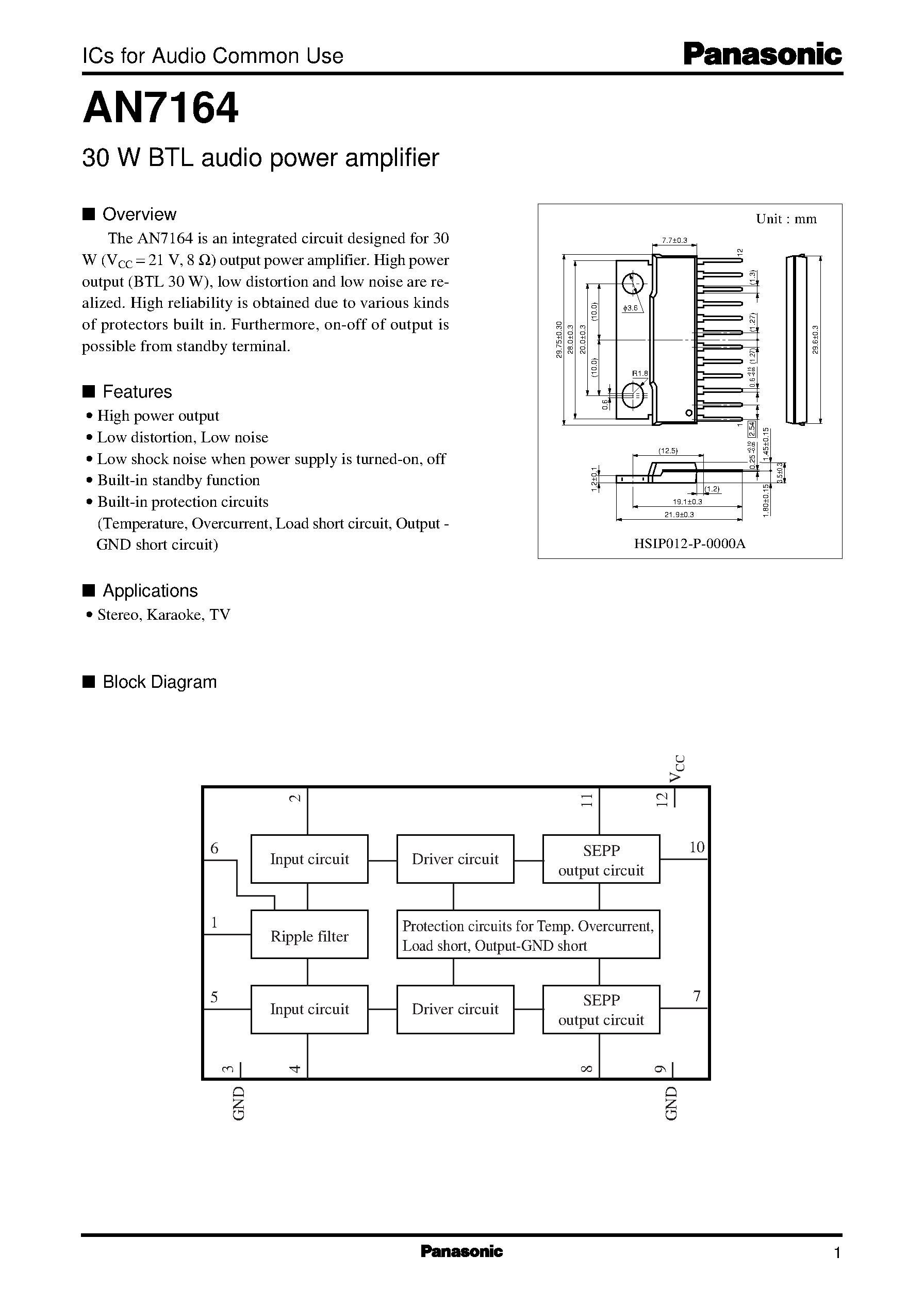 Даташит AN7164 - 30 W BTL audio power amplifier страница 1